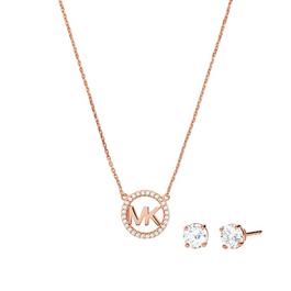 Michael Kors 14k Gold Plated Pave Logo Charm Necklace and Stud Earring Set