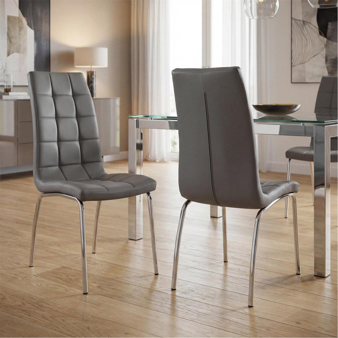 Grey - Chrome - Shankar - Set of 2 Jenner Leather Effect Grey Dining Chairs - 1