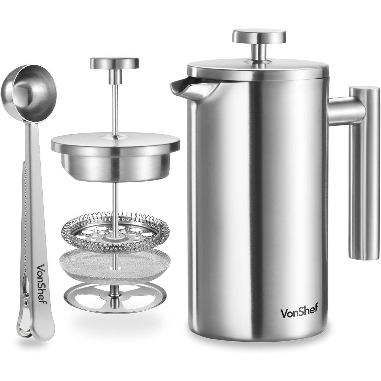 Vonshef  6 Cup Cafetiere Stainless Steel 800Ml - Silver
