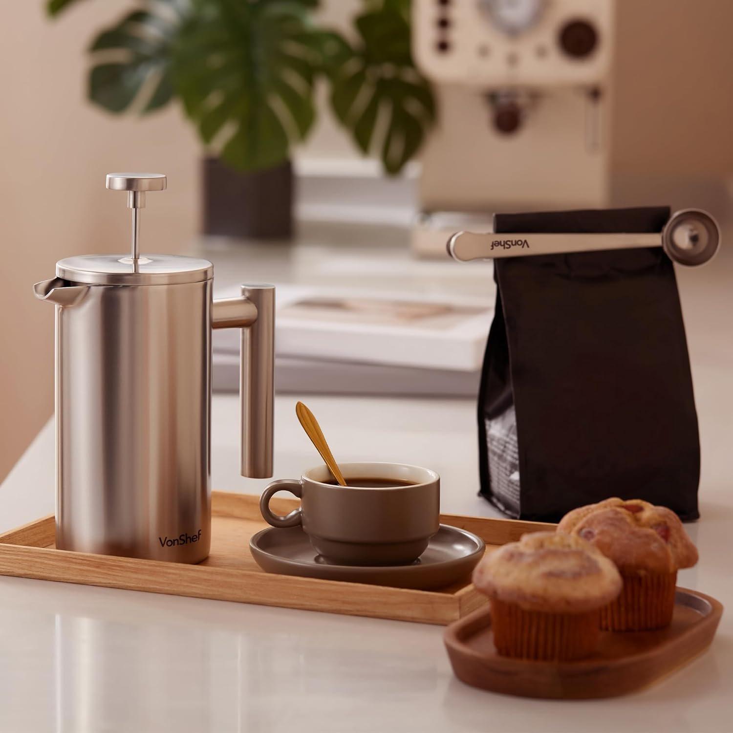 Silver - VonShef - VonShef 6 Cup Cafetiere Stainless Steel 800ml - 2