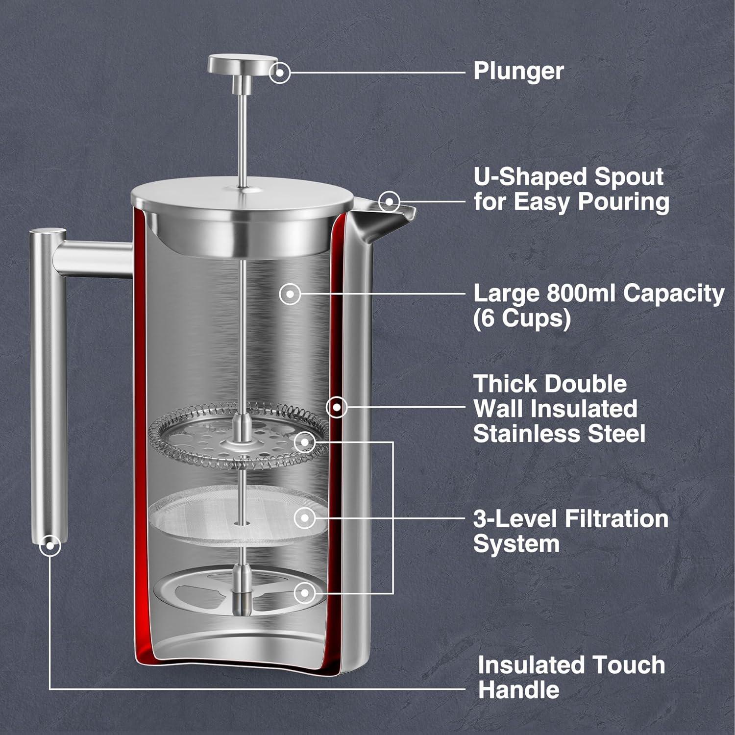 Silver - VonShef - VonShef 6 Cup Cafetiere Stainless Steel 800ml - 3