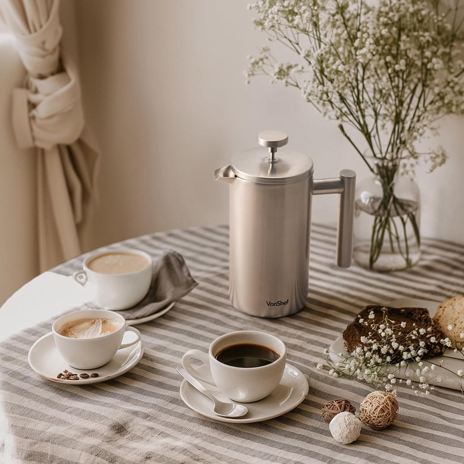 Silver - VonShef - VonShef 6 Cup Cafetiere Stainless Steel 800ml - 5