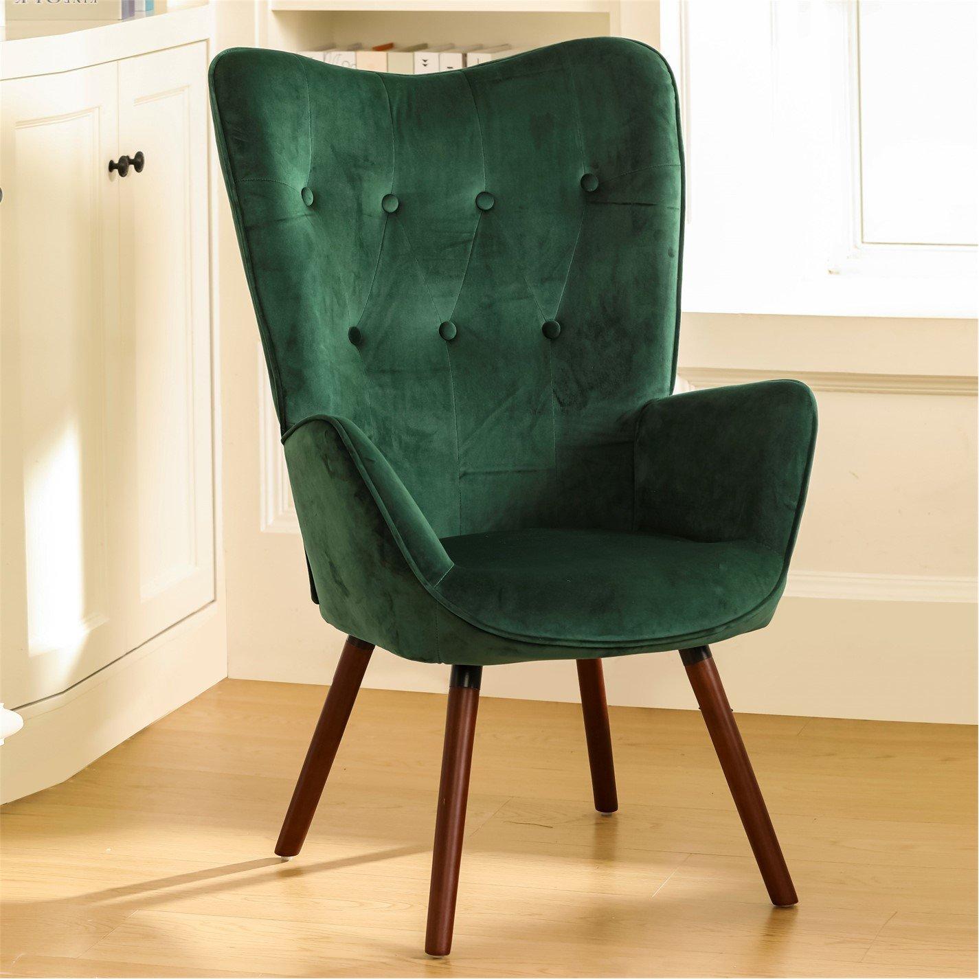 Green Velvet - Jack Wills - Velvet Accent Chair with Arms – Green Wingback Armchair with Button Tufted Backrest and Wood Legs - 3
