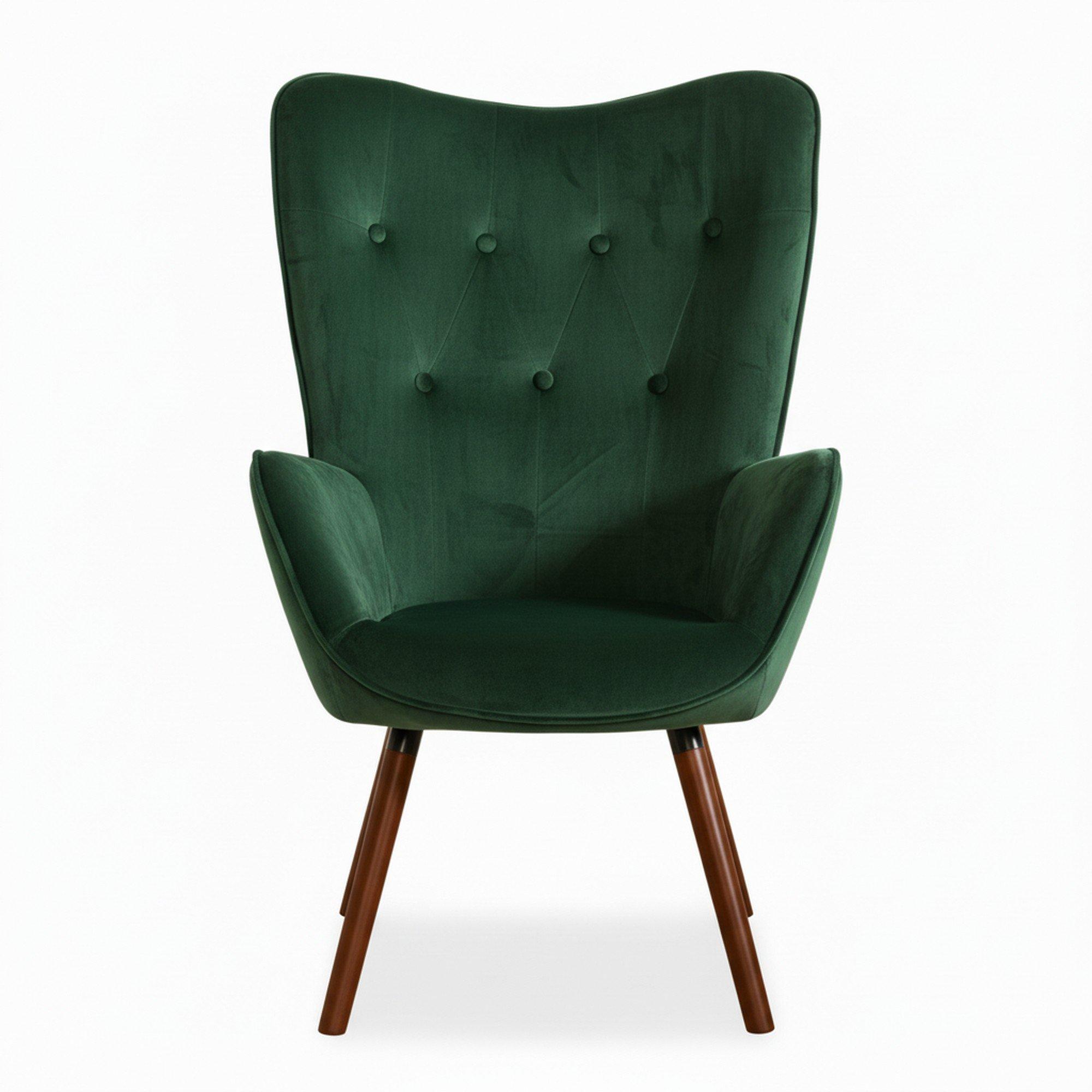 Green Velvet - Jack Wills - Velvet Accent Chair with Arms – Green Wingback Armchair with Button Tufted Backrest and Wood Legs - 6