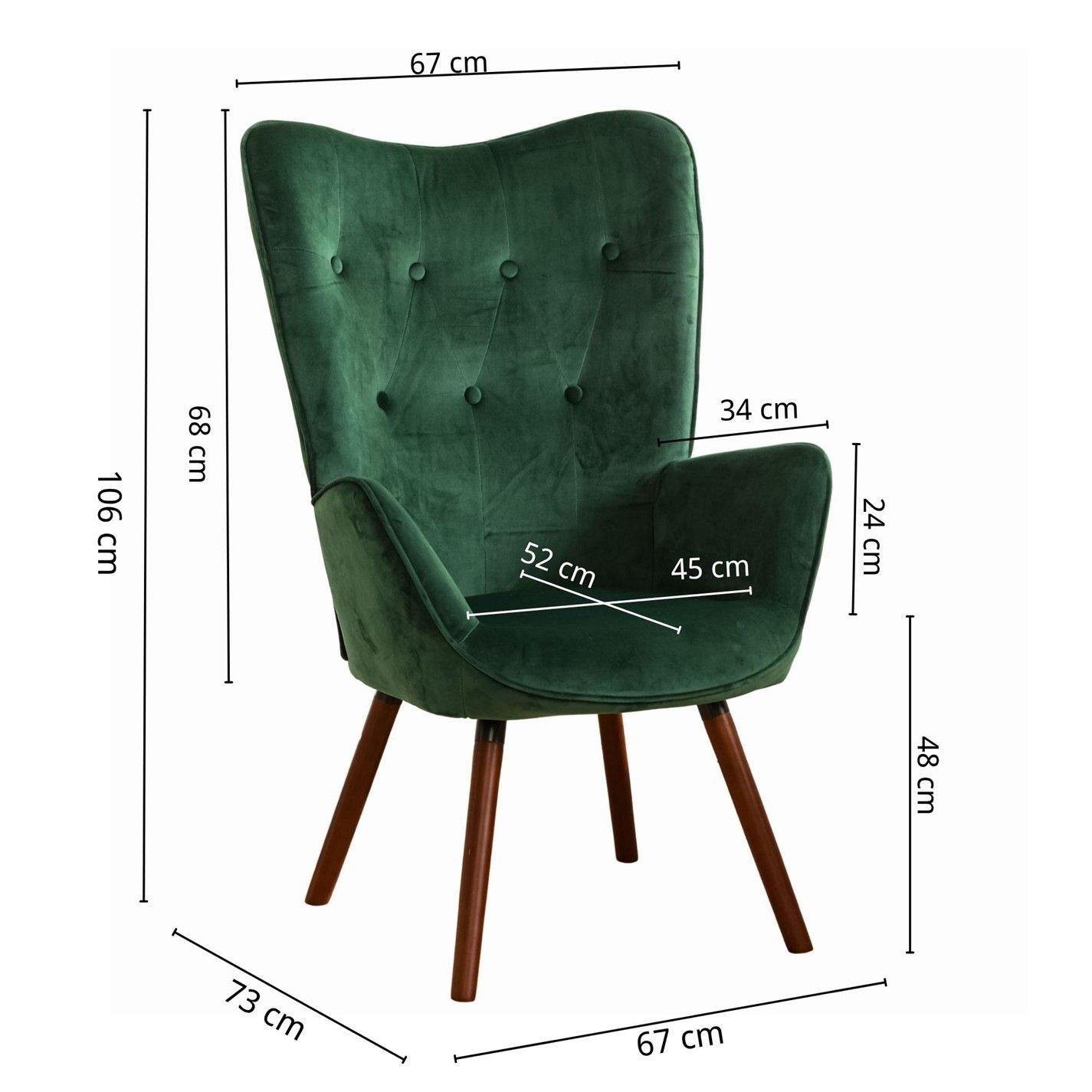 Green Velvet - Jack Wills - Velvet Accent Chair with Arms – Green Wingback Armchair with Button Tufted Backrest and Wood Legs - 7