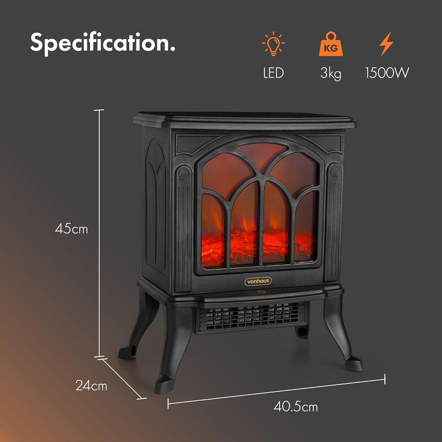 Black - VonHaus - Electric Stove Heater 1500W - 6