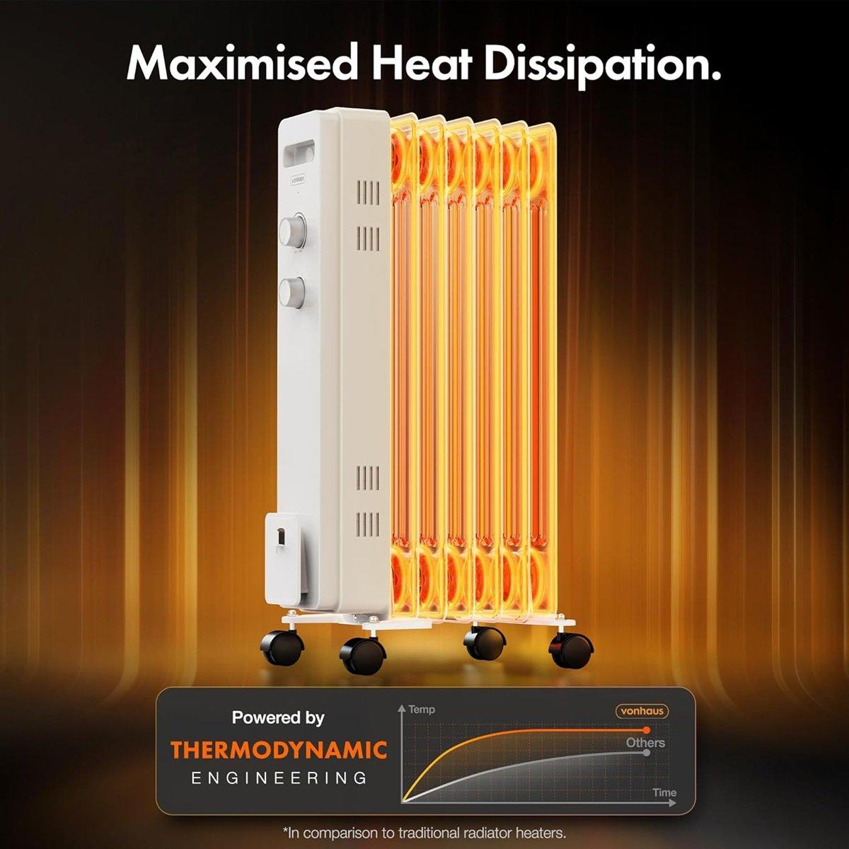 White - VonHaus - 7 Fin 1500W Oil Filled Radiator - White - 3