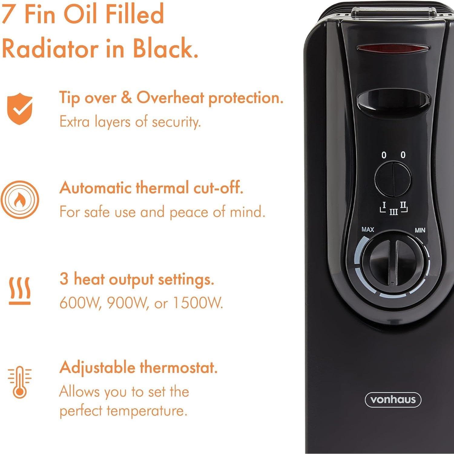Black - VonHaus - 7 Fin 1500W Oil Filled Radiator - White - 4