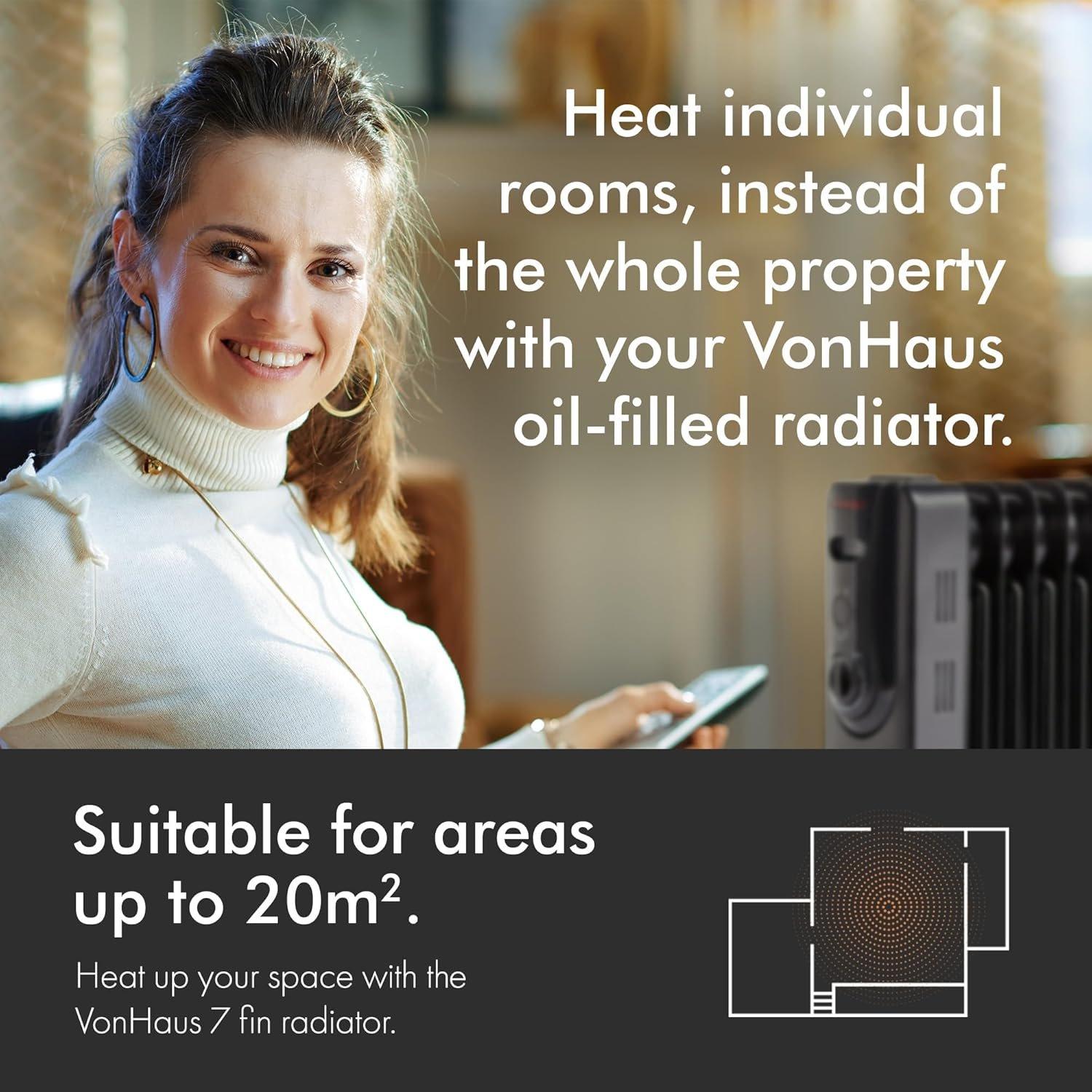 Black - VonHaus - 7 Fin 1500W Oil Filled Radiator - White - 7
