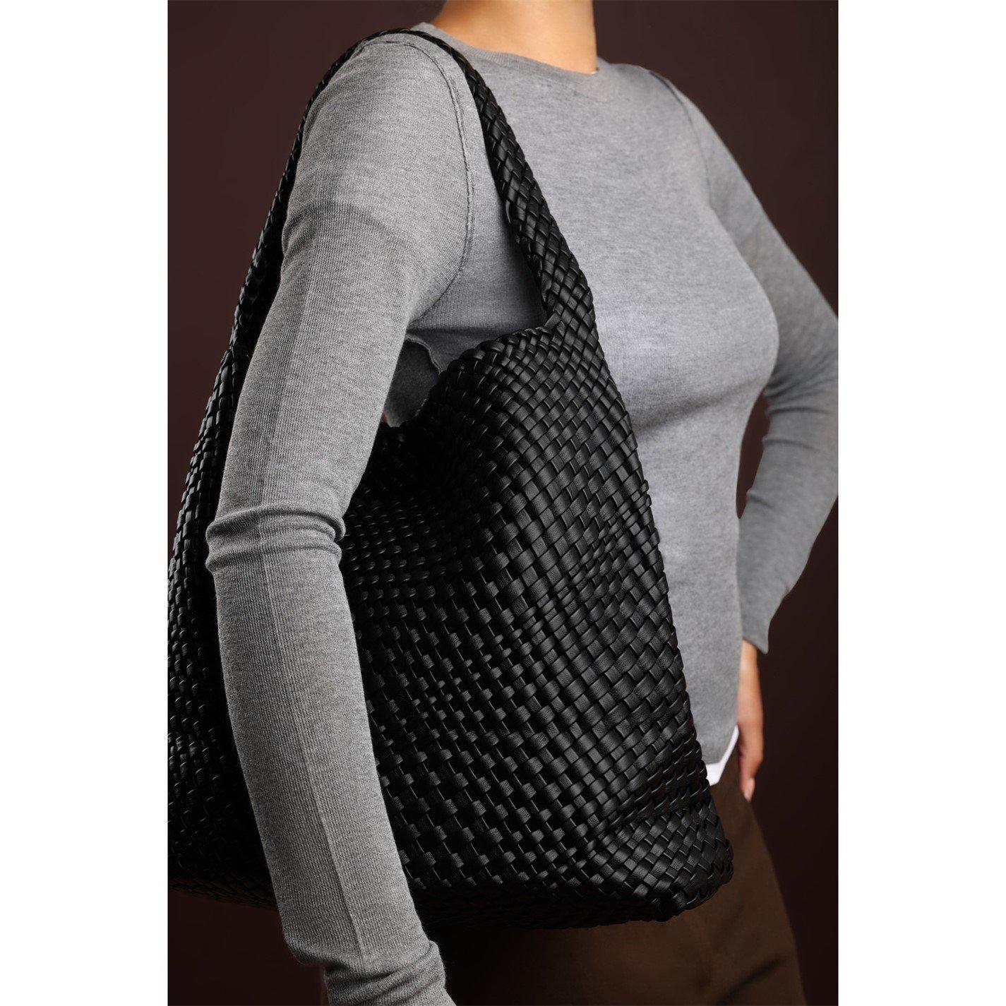 Black - Wheres That From - Wheres Weave Detail Faux Leather Shoulder Bag - 1