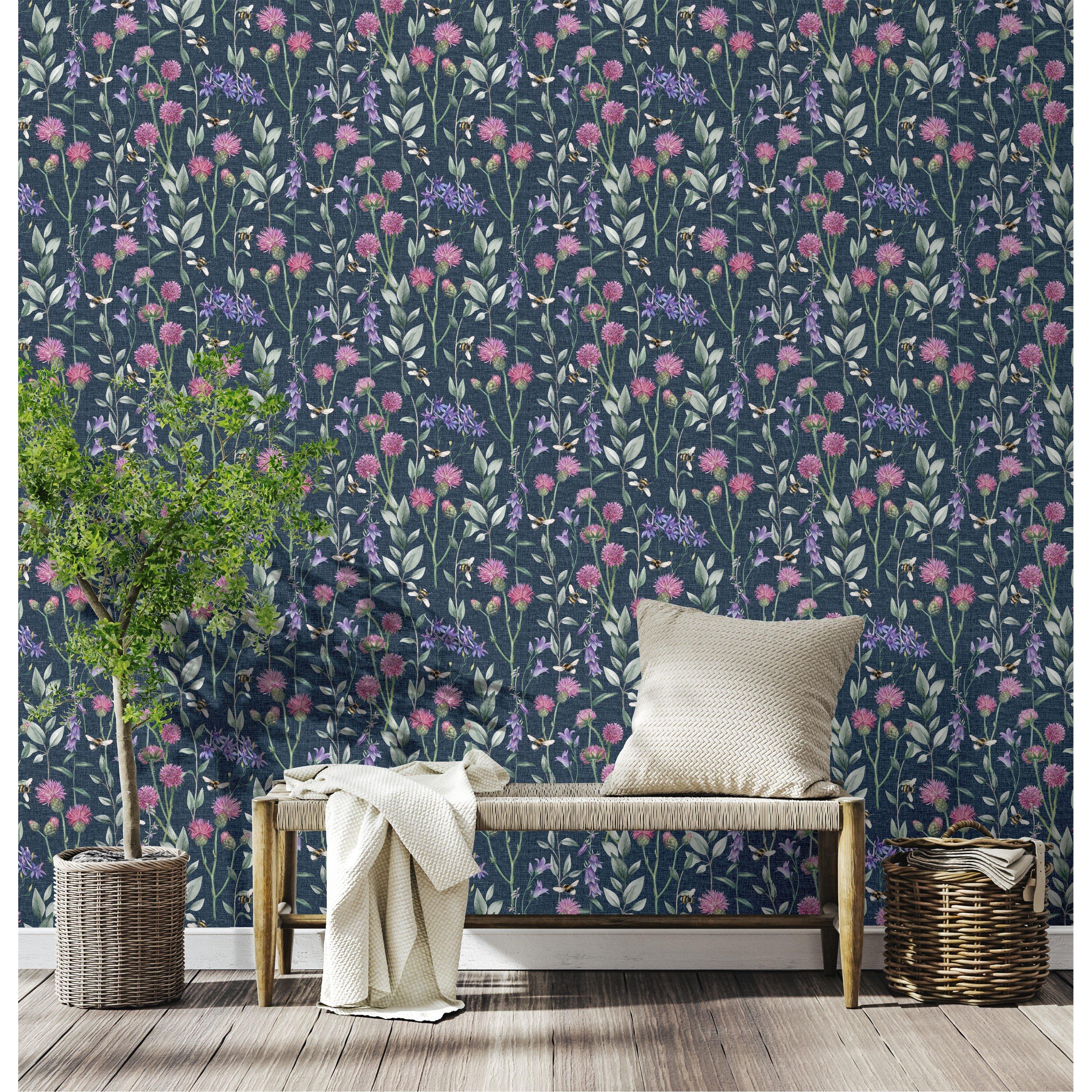Navy - Arthouse - Bumblebee Meadow Navy Wallpaper - 3