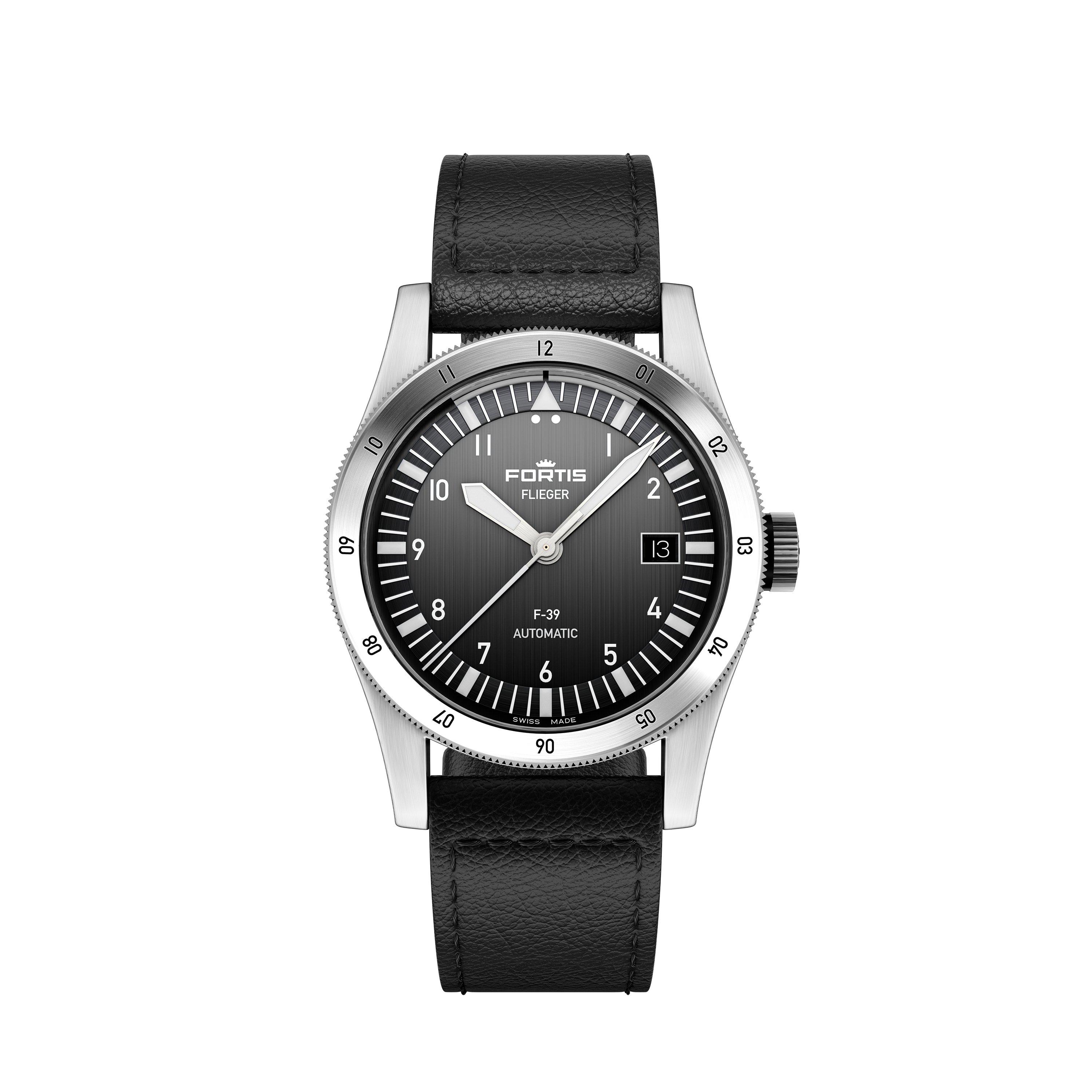 Black/Steel - Fortis - Men's Flieger Stainless Steel Leather Strap Automatic Auto Analogue Watch - 1