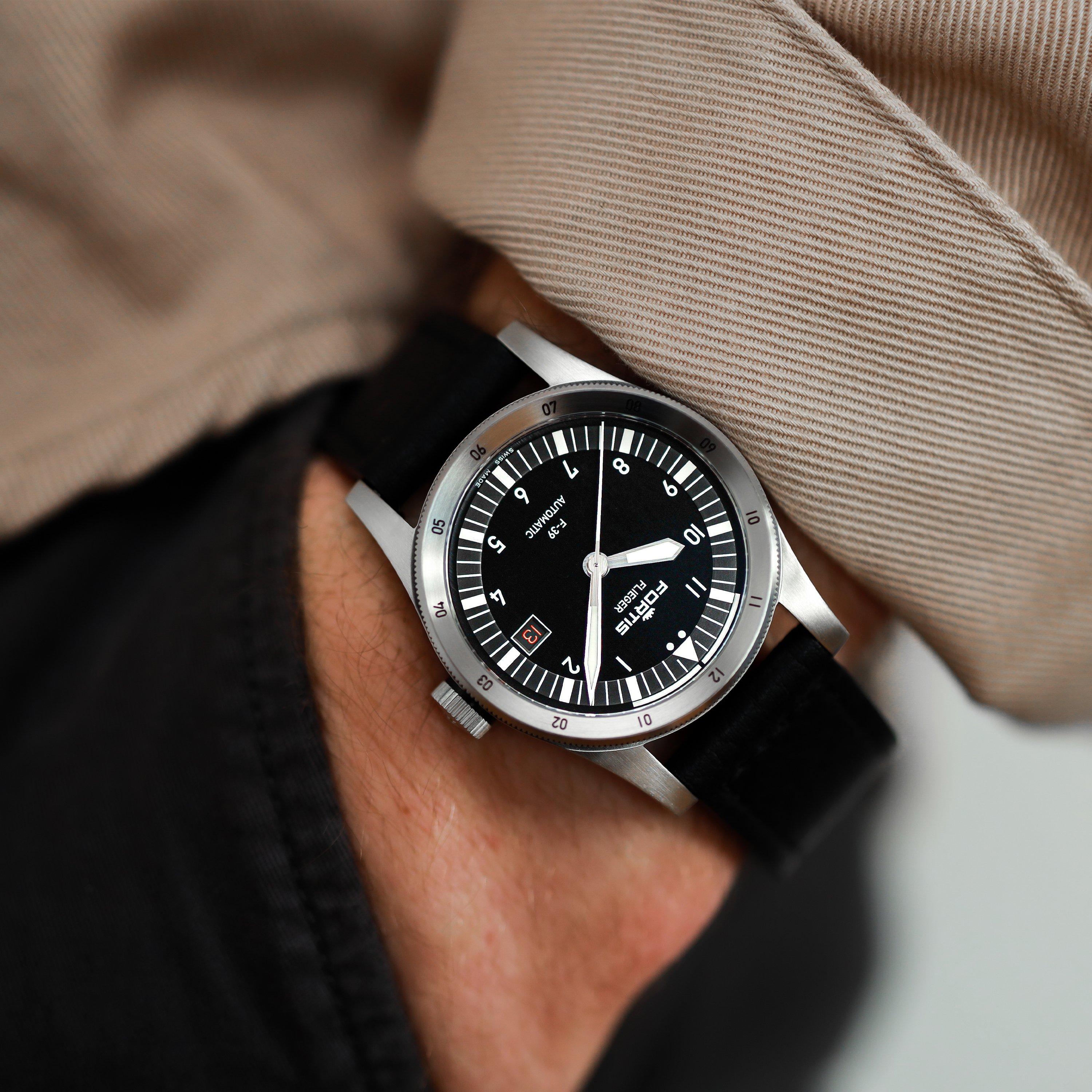 Black/Steel - Fortis - Men's Flieger Strap Analogue Watch - 3