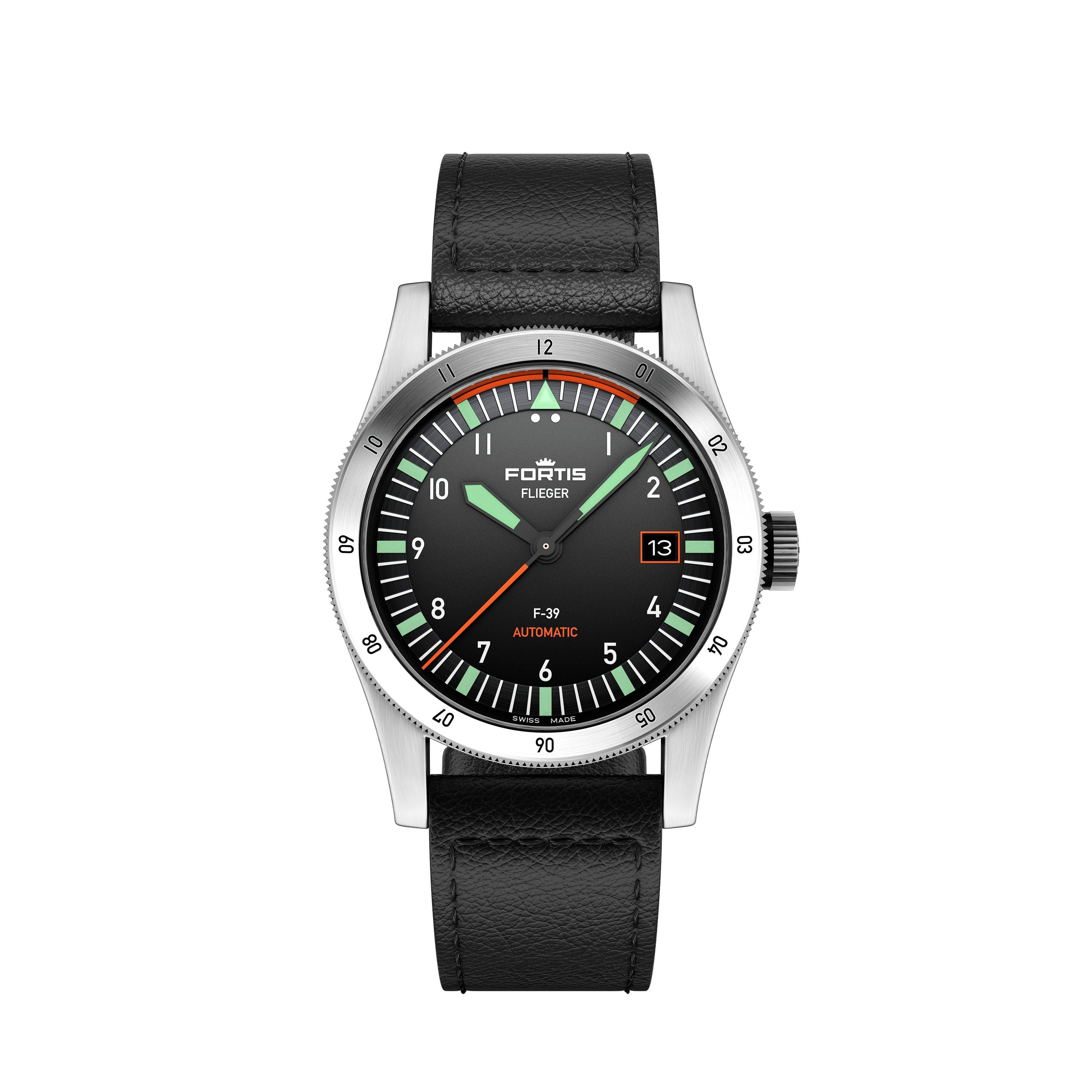 Fortis Men's Flieger Stainless Leather Strap Automatic Auto Analogue Watch - Black/Steel