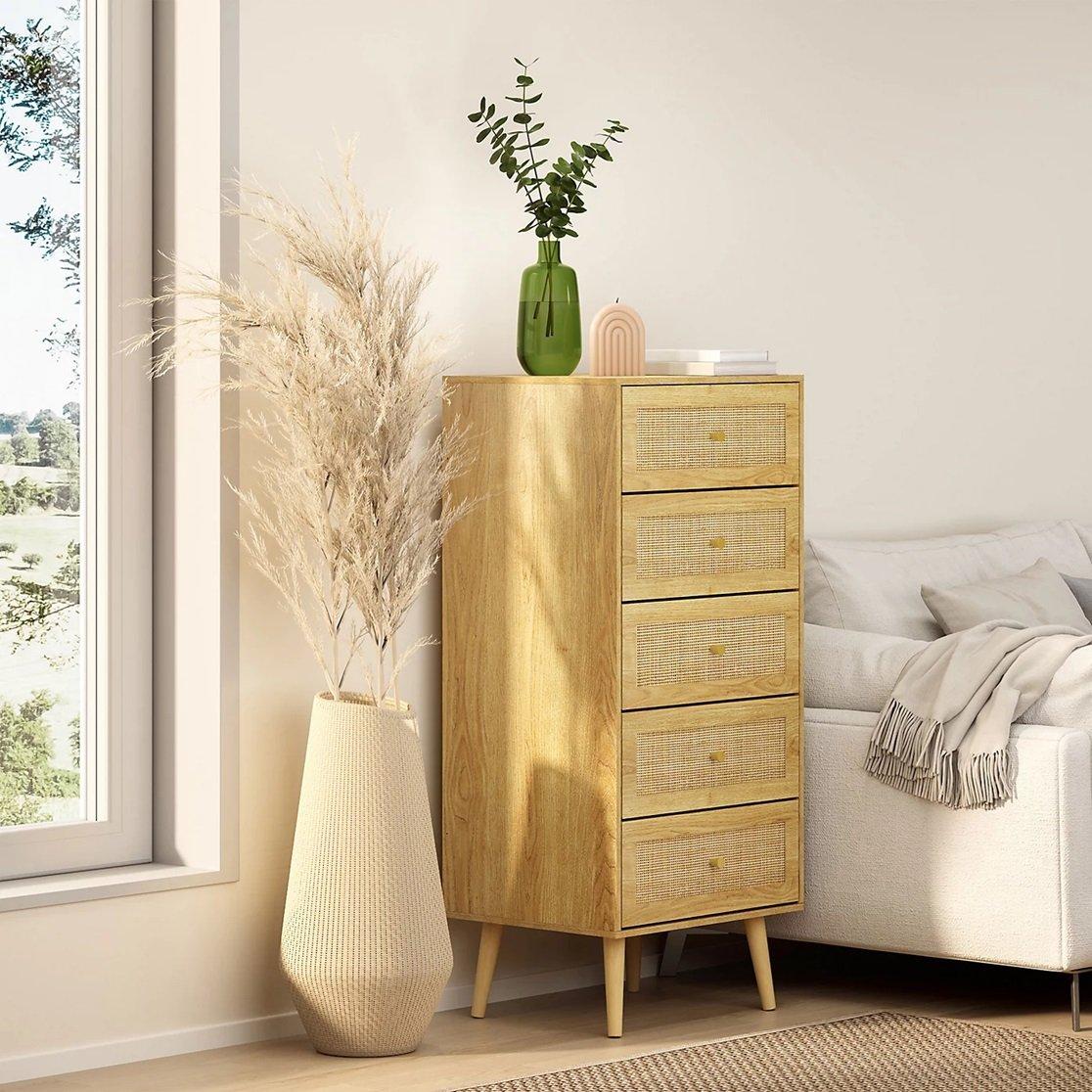 Beige - VonHaus - Sienna Rattan Tall Chest of Drawers - 1