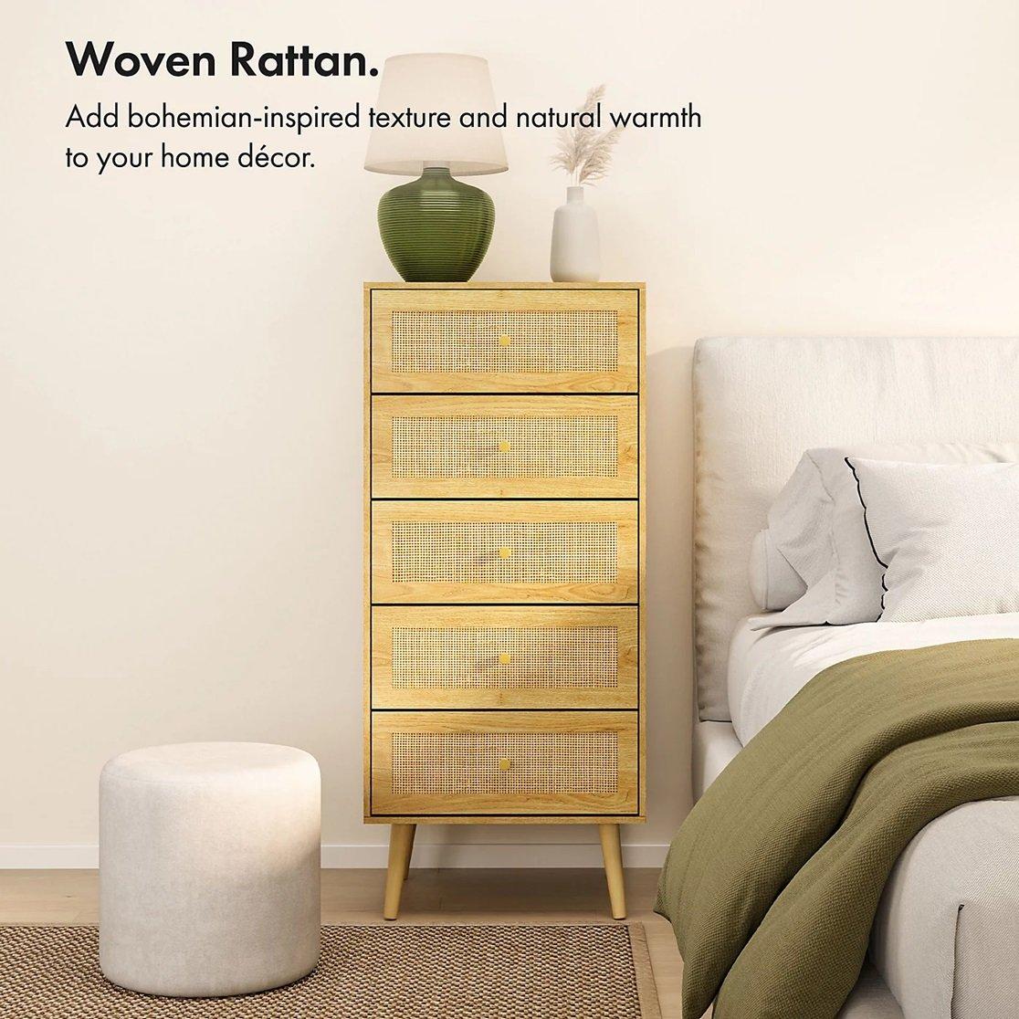 Beige - VonHaus - Sienna Rattan Tall Chest of Drawers - 2