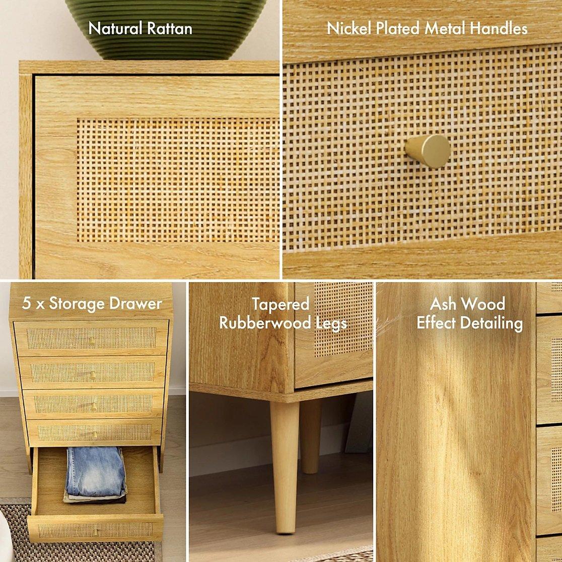 Beige - VonHaus - Sienna Rattan Tall Chest of Drawers - 4