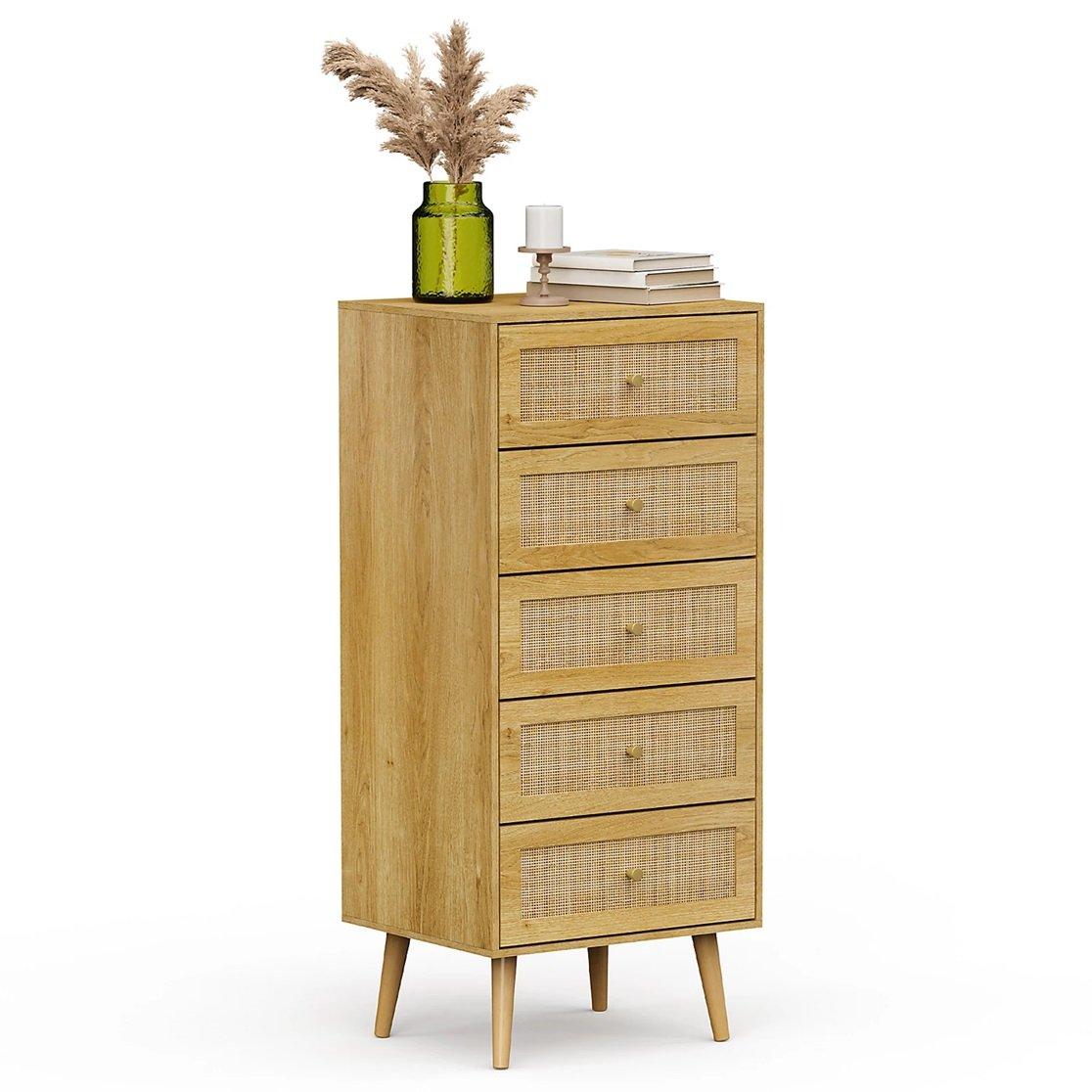 Beige - VonHaus - Sienna Rattan Tall Chest of Drawers - 5