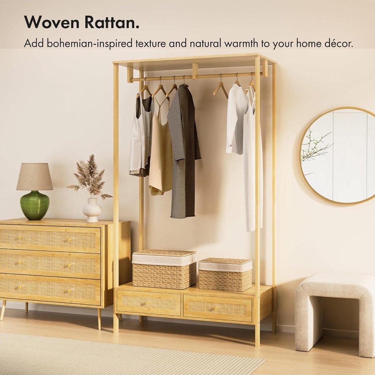 Beige - VonHaus - Sienna Rattan Clothes Rail - 2