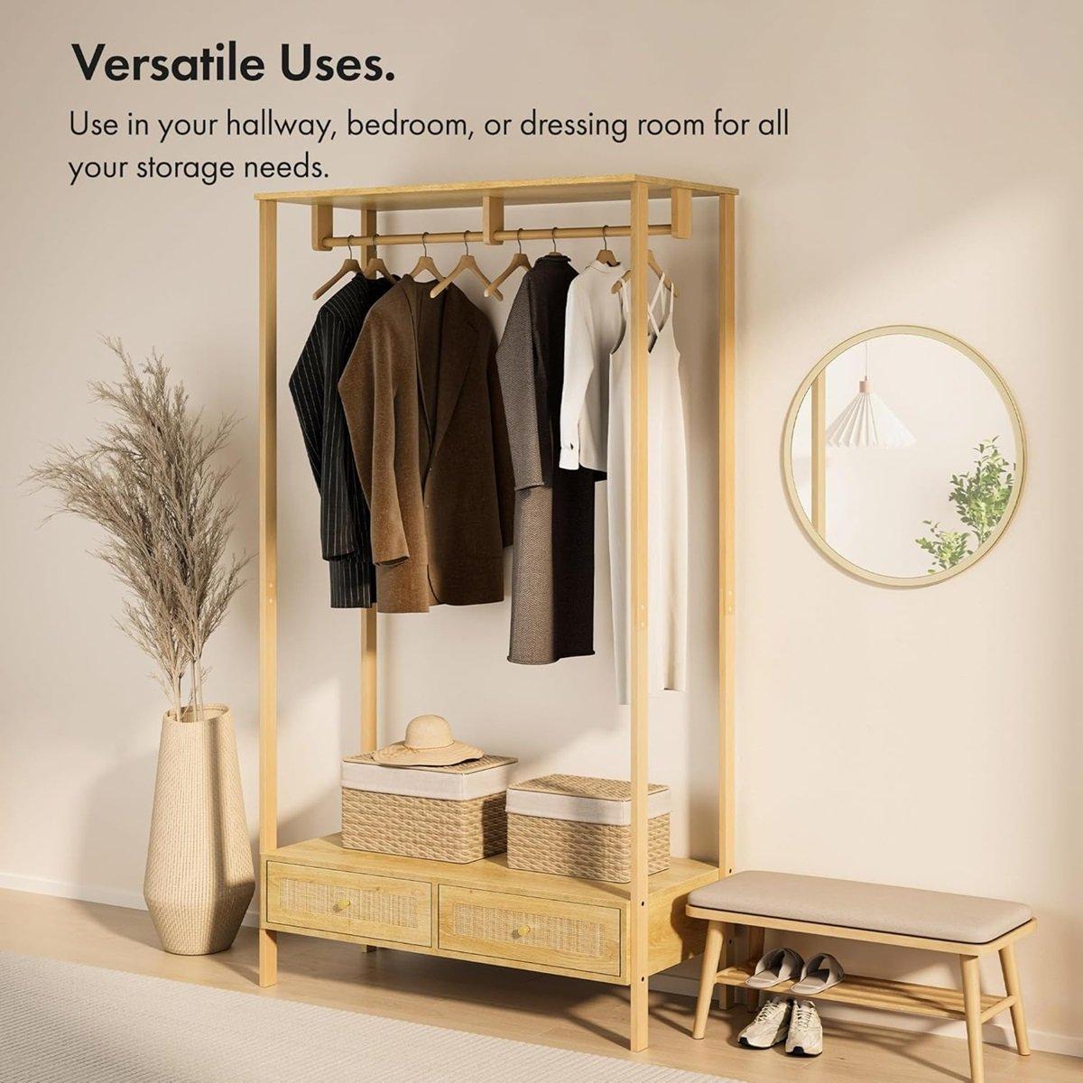 Beige - VonHaus - Sienna Rattan Clothes Rail - 4