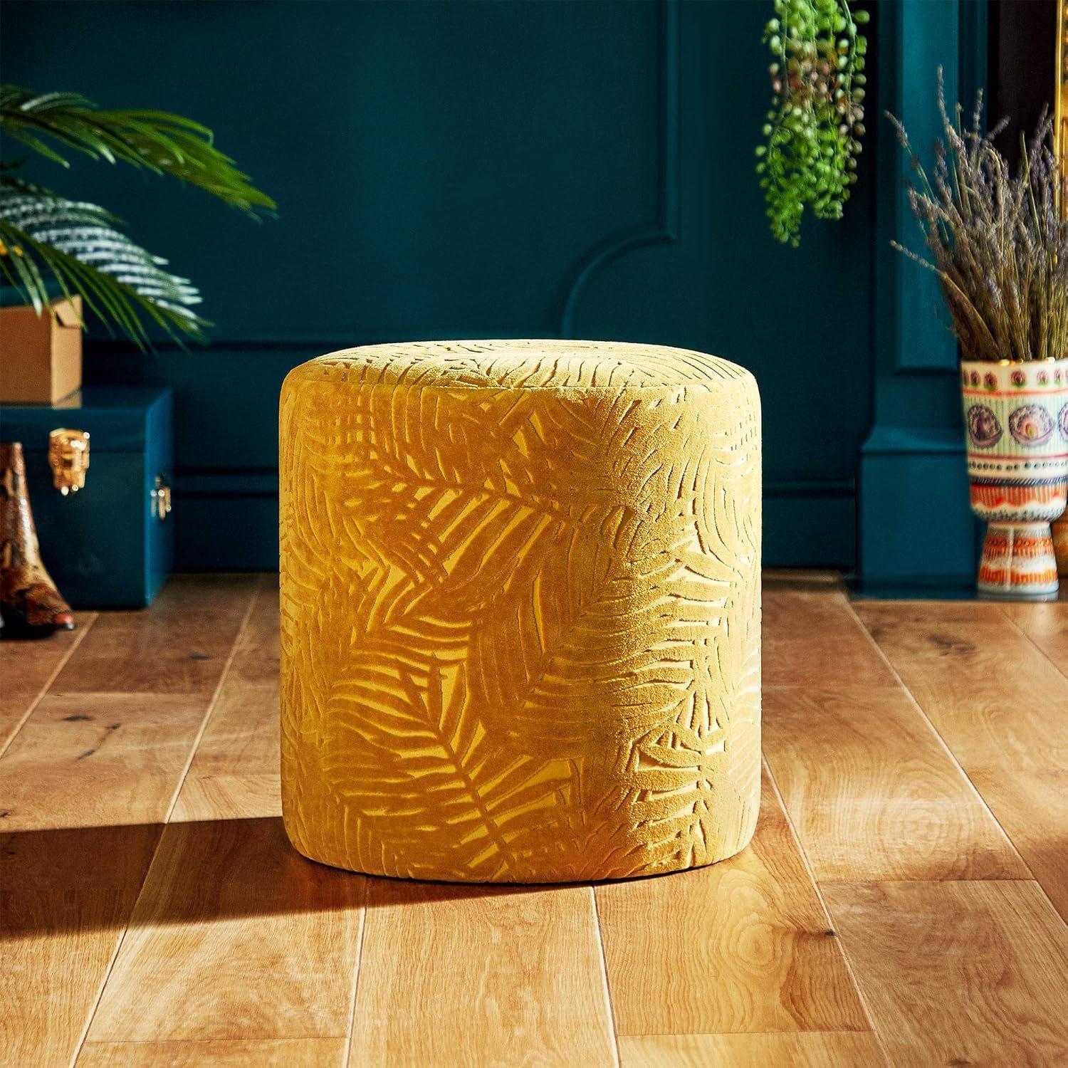 Yellow - VonHaus - Beautify Velvet Foot Stool Mustard Round Footrest - 6