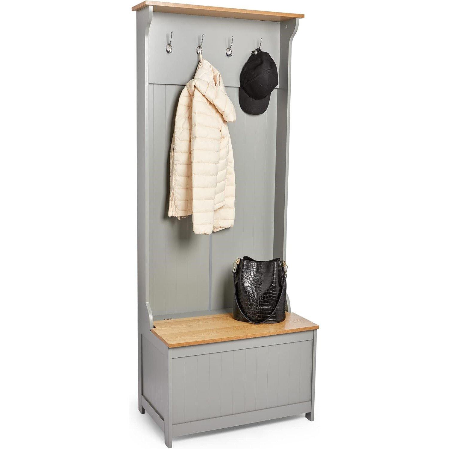 Grey - VonHaus - VonHaus Coat Rack Stand & Shoe Storage Bench - 1