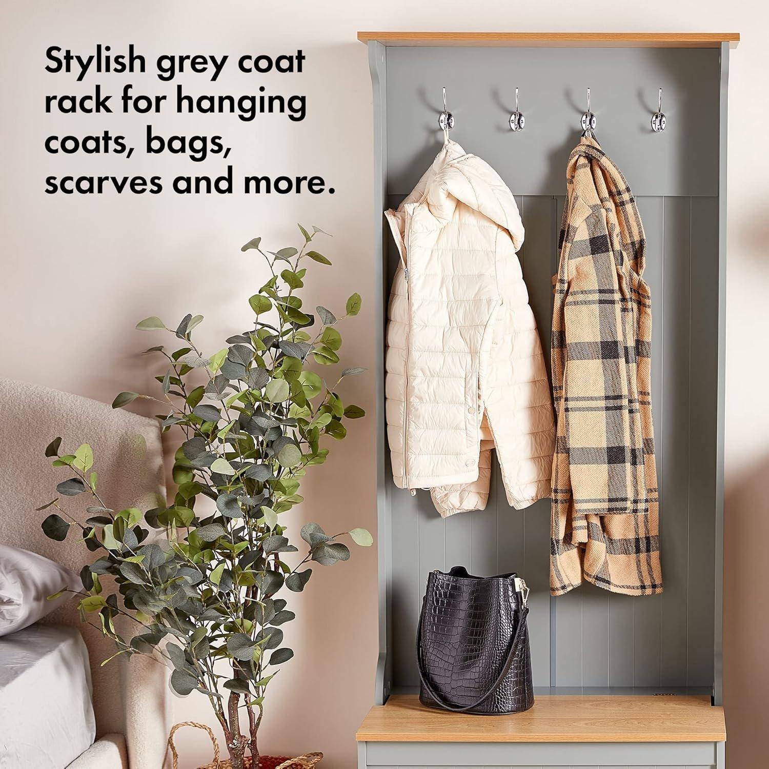 Grey - VonHaus - VonHaus Coat Rack Stand & Shoe Storage Bench - 2