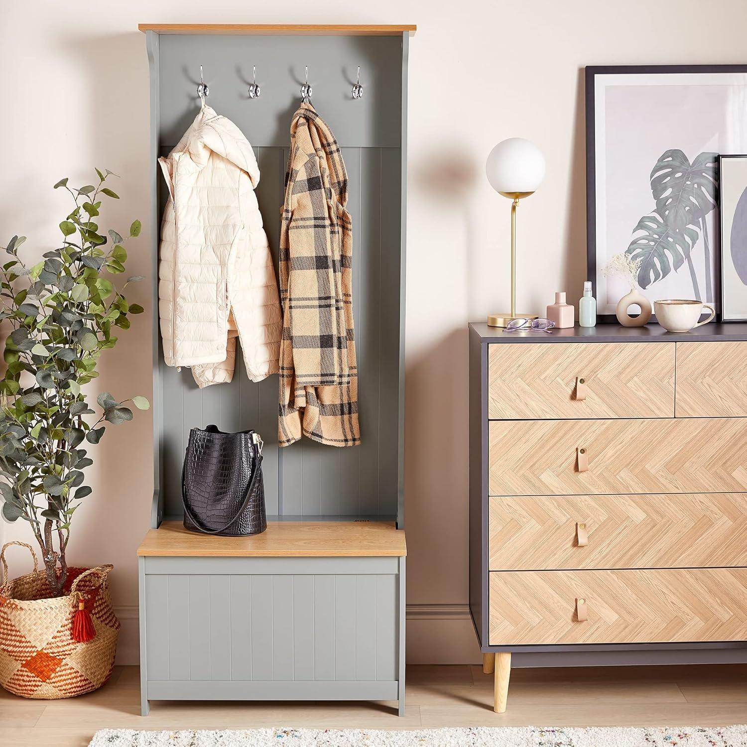 Grey - VonHaus - VonHaus Coat Rack Stand & Shoe Storage Bench - 7