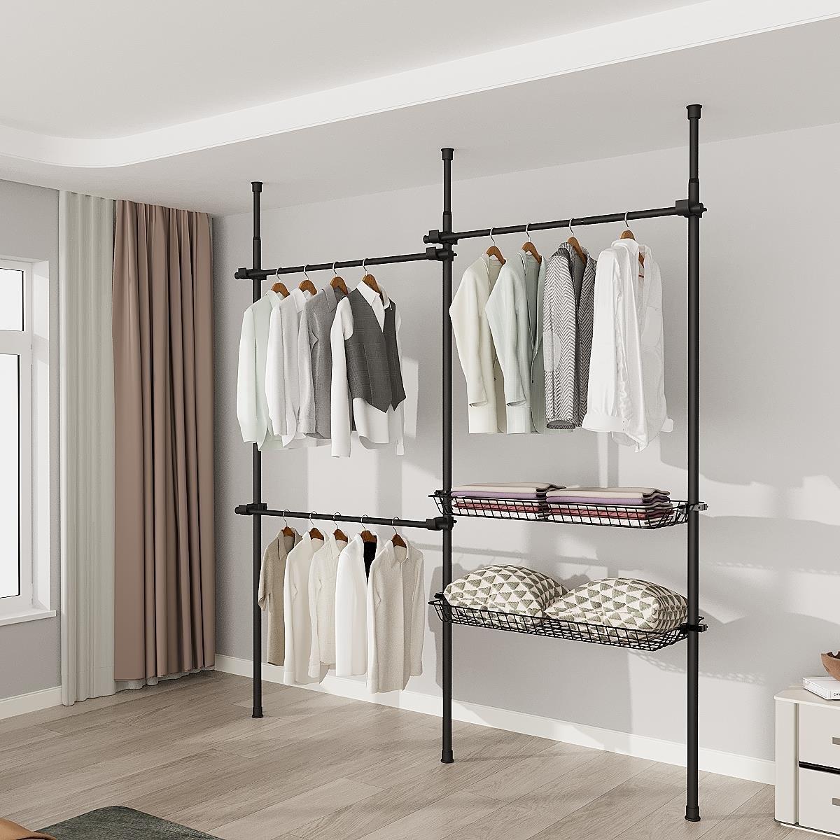 Black - House of Home - Double Telescopic Clothes Rail With Basket - 9