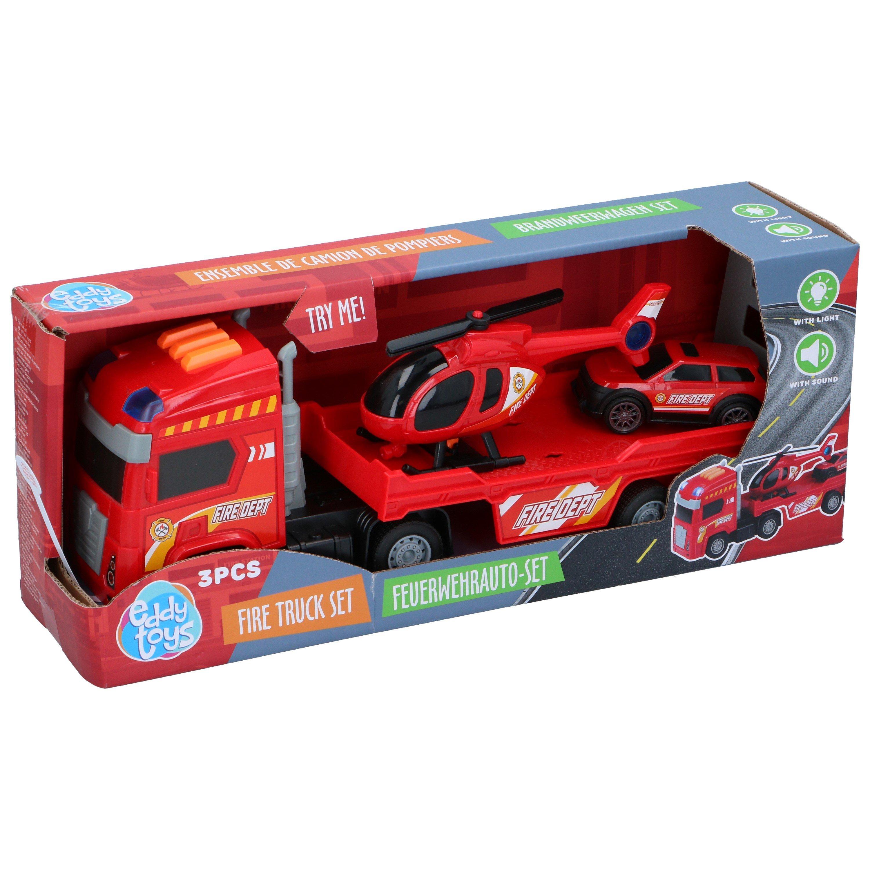 Red - Eddy Toys - Fire Truck Set with Helicopter and Car 38cm - 2