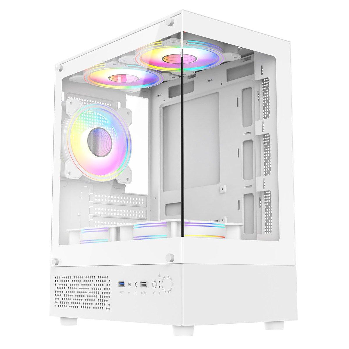White - CiT - Micro-ATX Gaming Case with TG Front+Side Panels with 3x CiT Dual-Ring Infinity Fans - White - 2