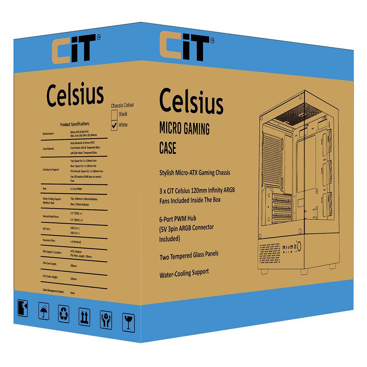 White - CiT - Micro-ATX Gaming Case with TG Front+Side Panels with 3x CiT Dual-Ring Infinity Fans - White - 14