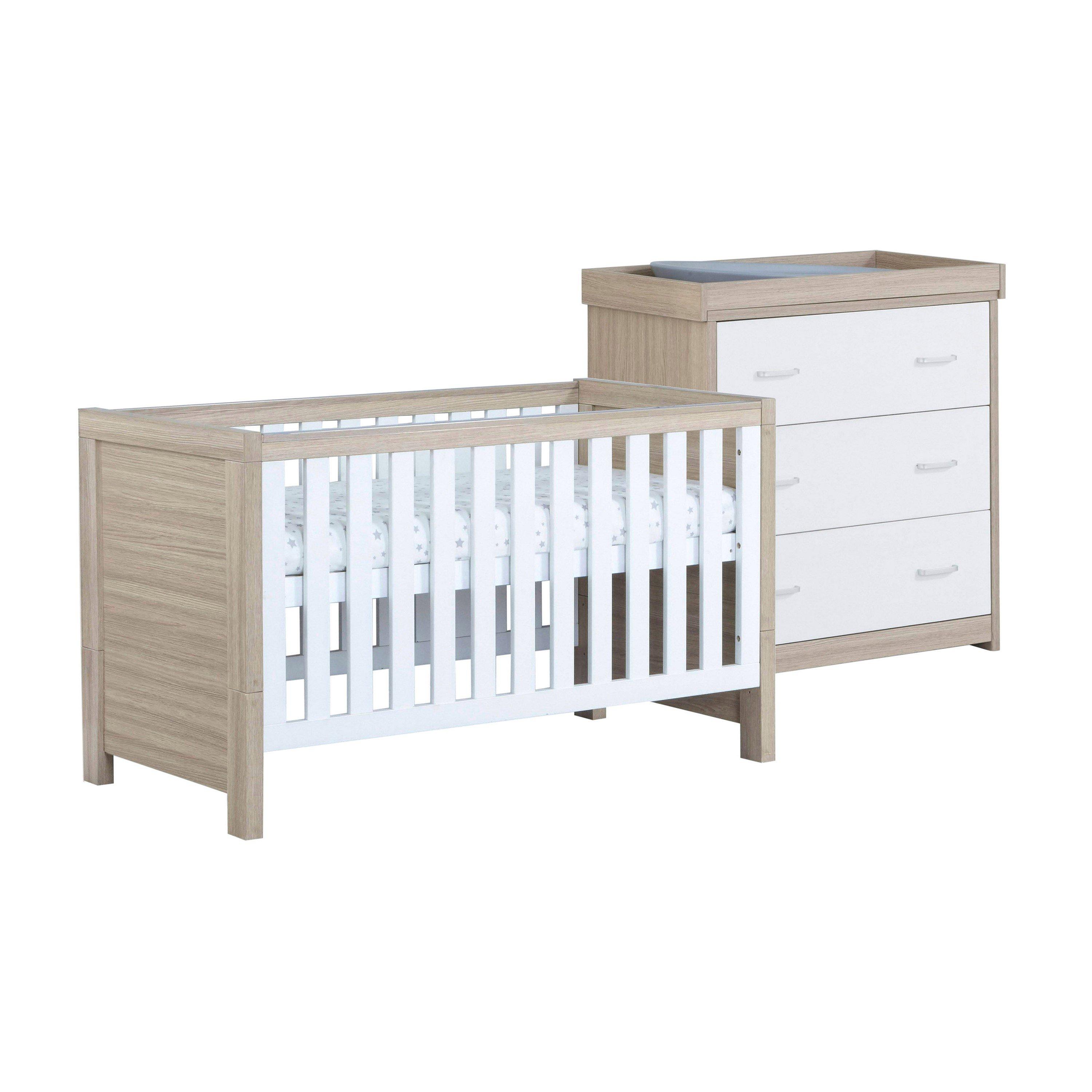 Babymore Luno Cot Bed & Chest Set - Oak Effect & White - Convertible Cot - 3 Drawer Changing Unit - Image 3