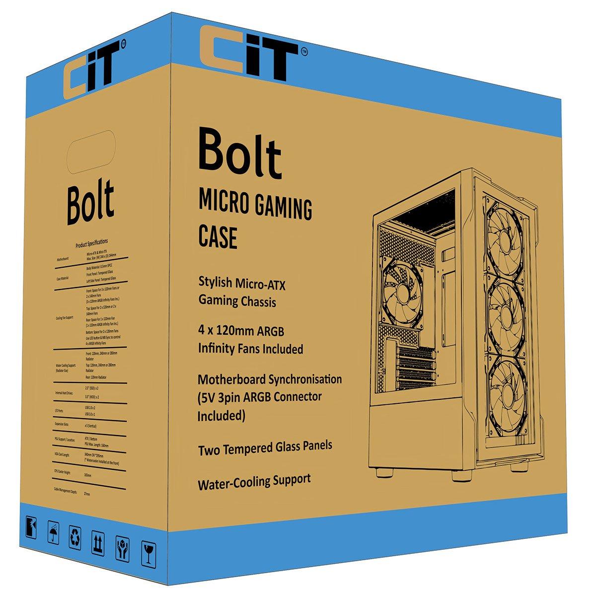Black - CiT - Bolt Black Micro-ATX Gaming Case with 4 x 120mm ARGB Infinity Fans + 30pc Tint Tempered Glass - 12