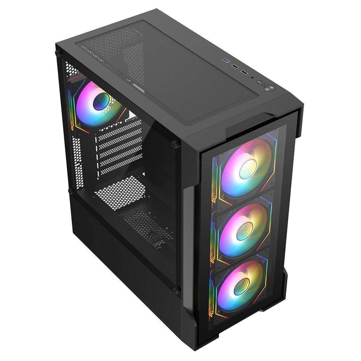 Black - CiT - Bolt Black Micro-ATX Gaming Case with 4 x 120mm ARGB Infinity Fans + 30pc Tint Tempered Glass - 4