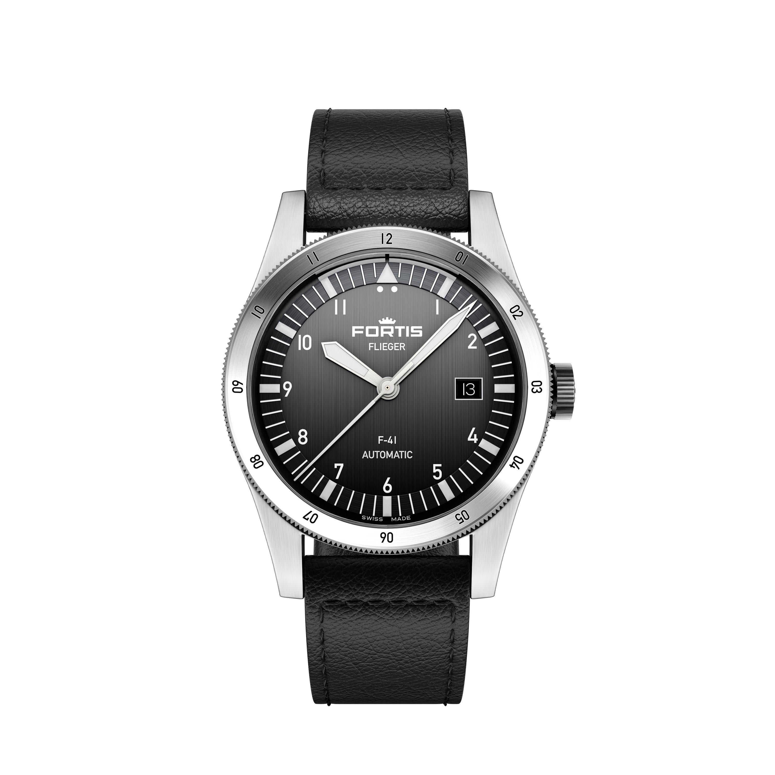 Black/Steel - Fortis - Men's Flieger Stainless Steel Leather Strap Auto Analogue Watch - 1