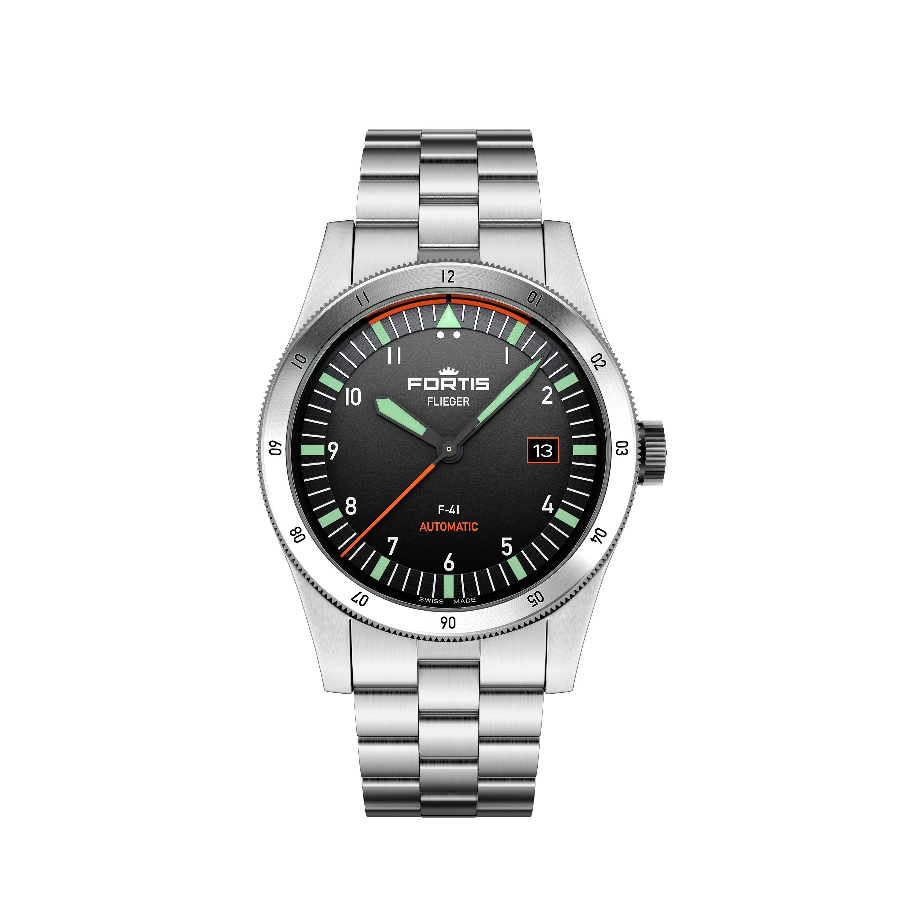 Fortis Men's Flieger Stainless Leather Strap Auto Analogue Watch - Black/Steel