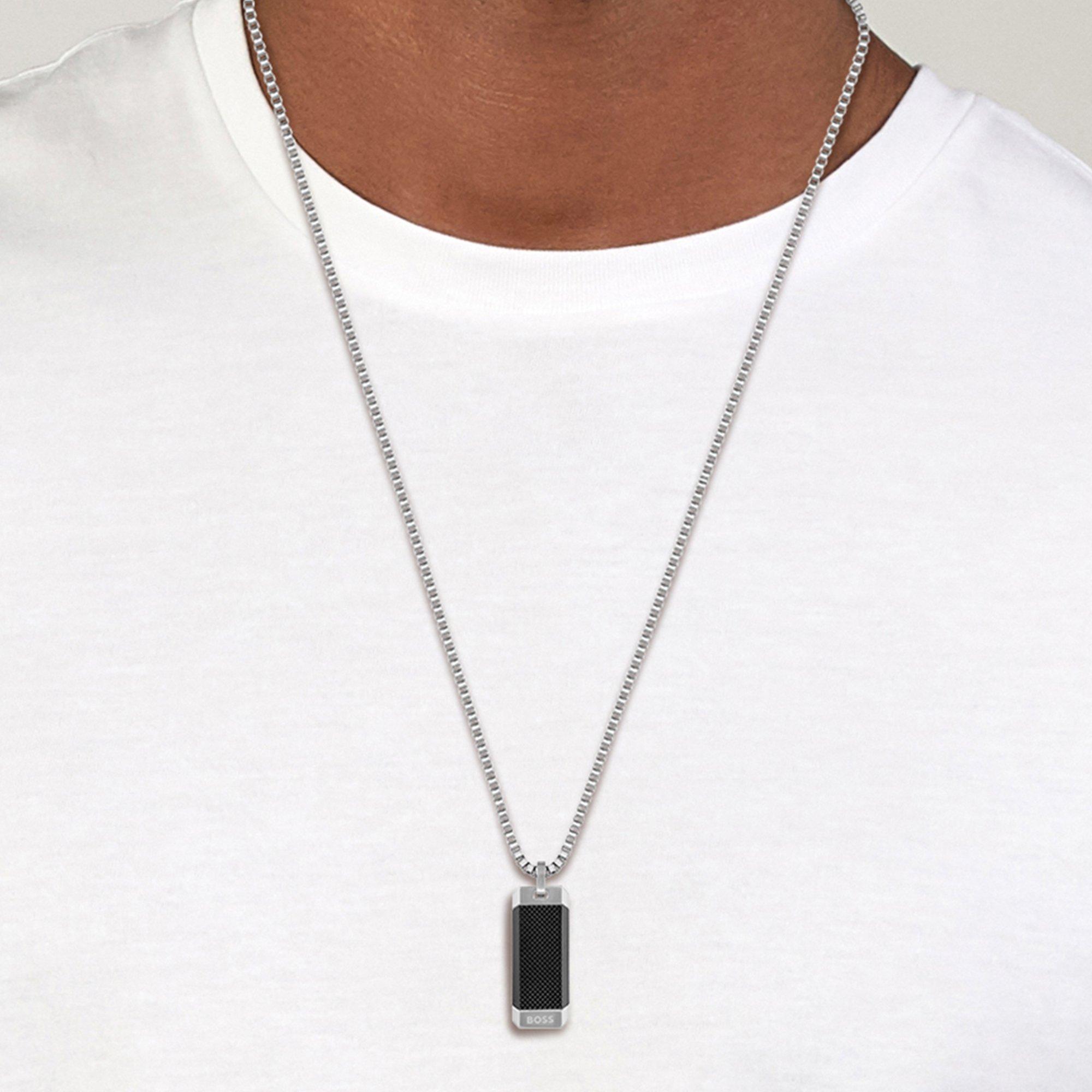 Steel/Black - Boss - Men's Bennett Dog Tag Necklace, Stainless Steel Box Chain - 2