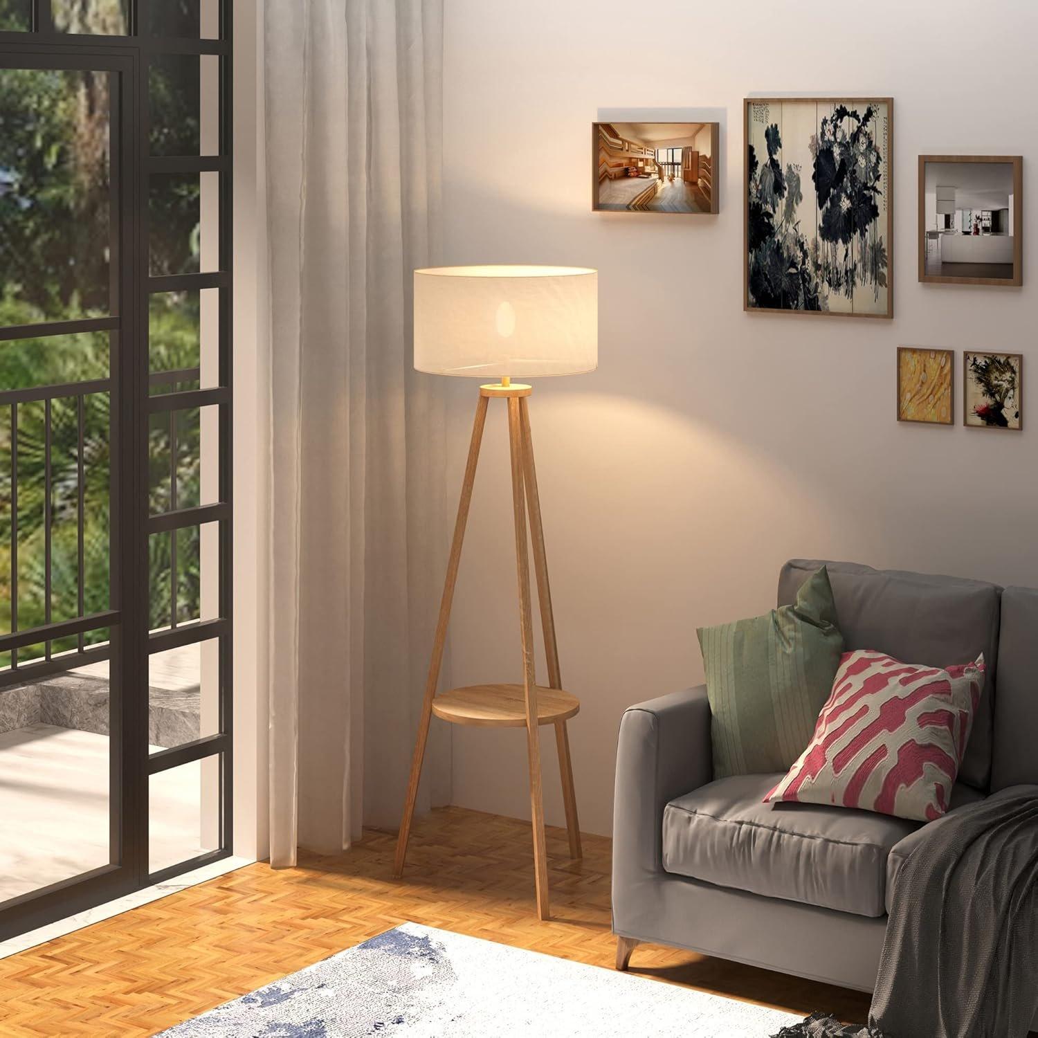 Cream - HOMCOM - Free Standing Tripod Floor Lamp With Shelf - 2