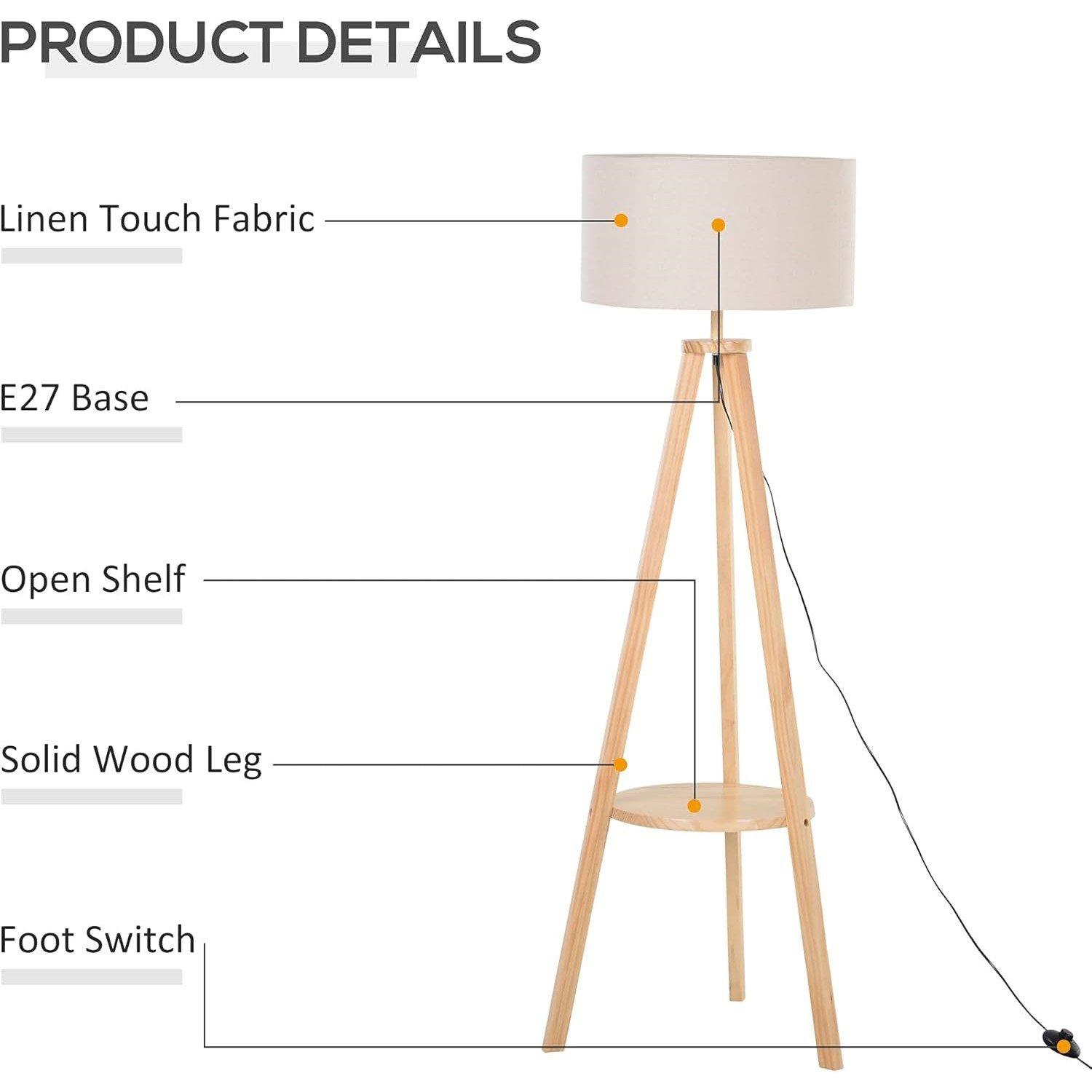 Cream - HOMCOM - Free Standing Tripod Floor Lamp With Shelf - 3