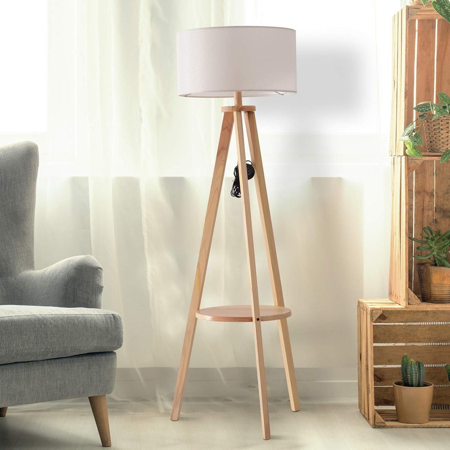 Cream - HOMCOM - Free Standing Tripod Floor Lamp With Shelf - 7