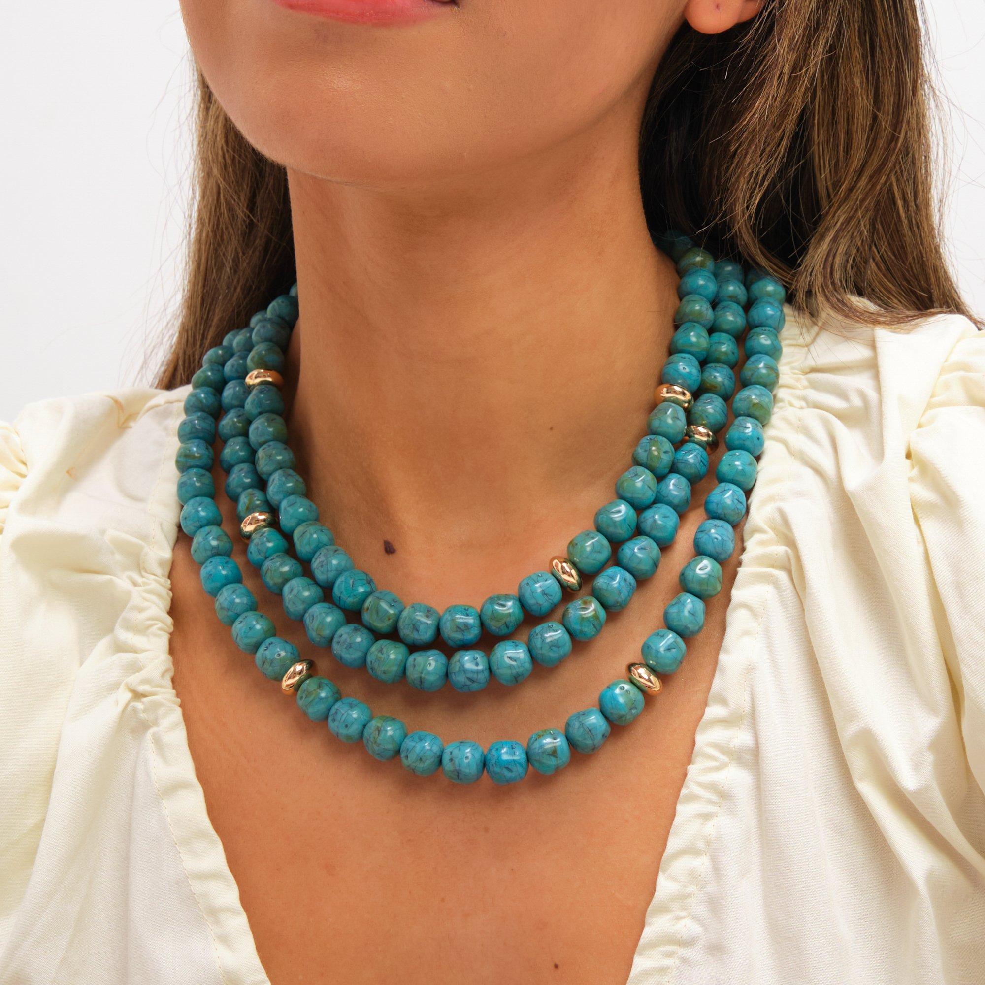 Gold - Mood - Gold Turquoise Bead Statement Multirow Necklace - 2