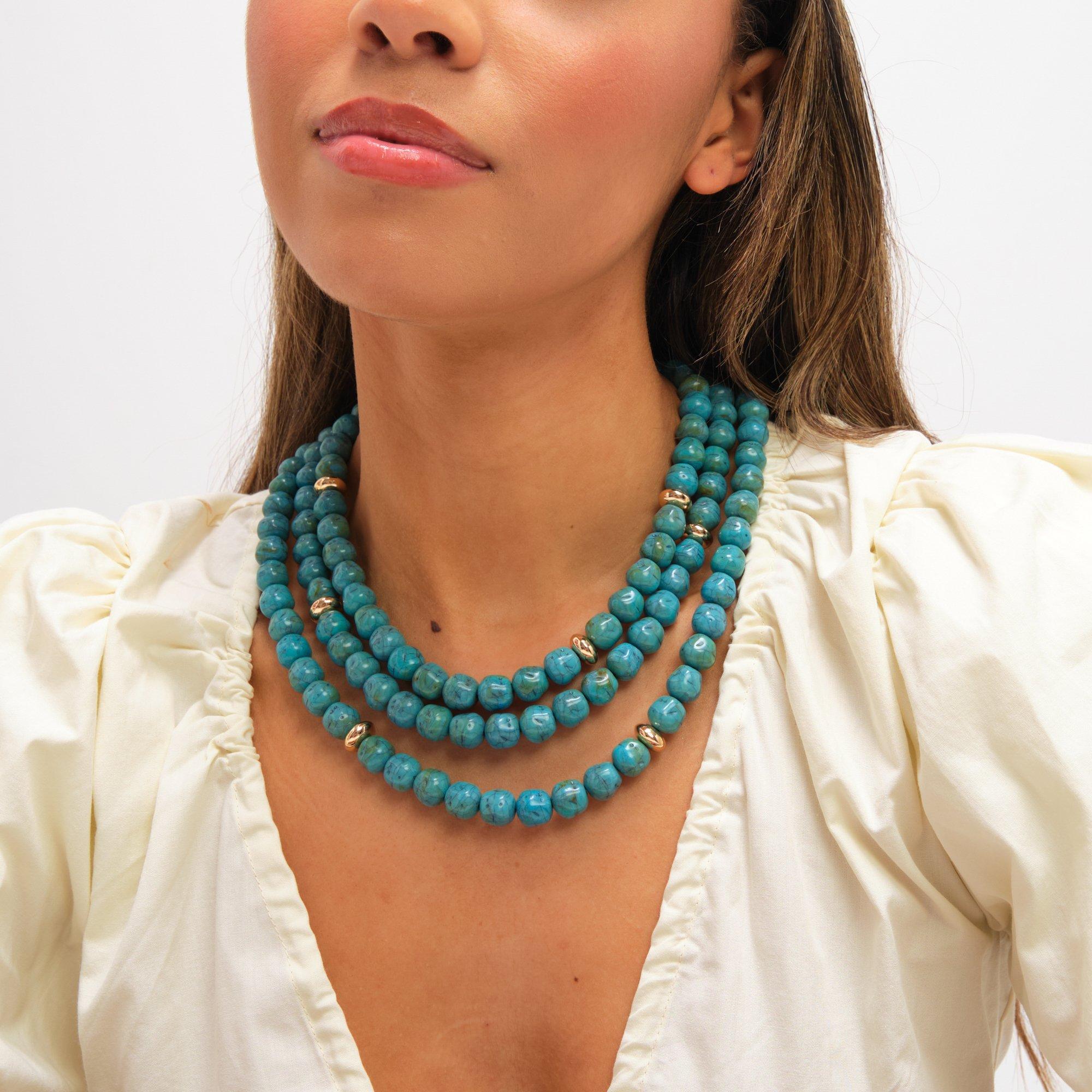 Gold - Mood - Gold Turquoise Bead Statement Multirow Necklace - 3