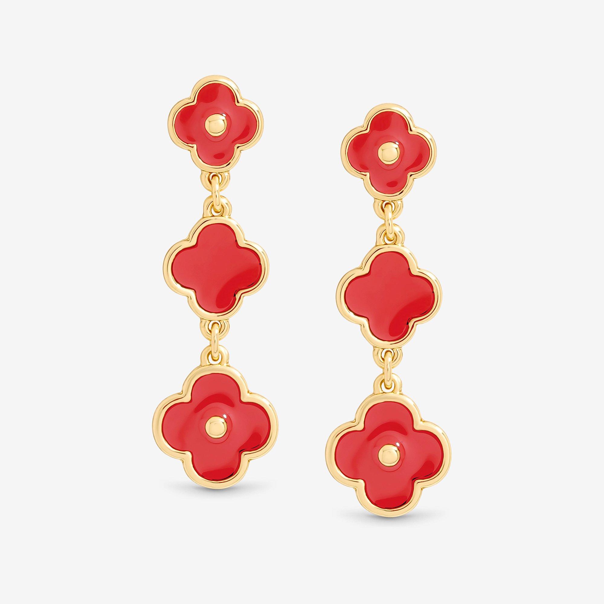 Gold - Mood - Gold Plated and Coral Clover Drop Earrings - 1