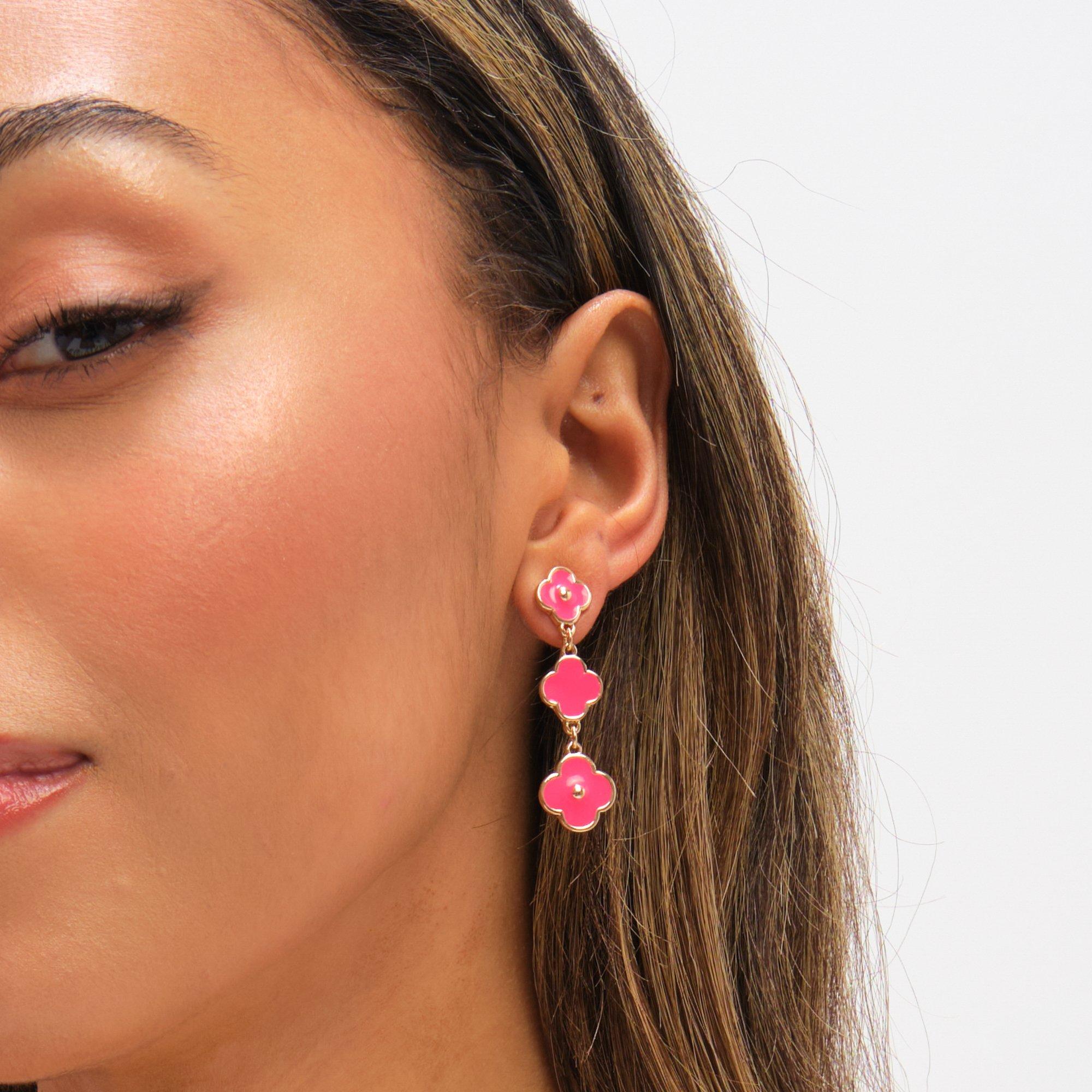 Gold - Mood - Gold Plated and Coral Clover Drop Earrings - 2