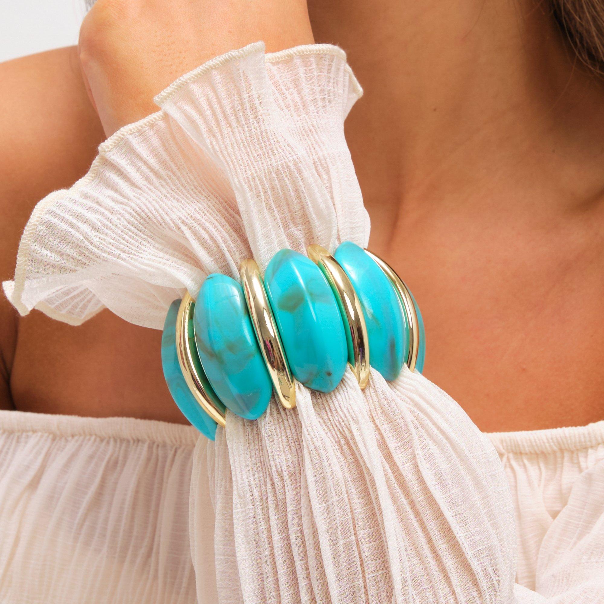 Gold - Mood - Gold Turquoise Statement Stretch Bracelet - 3