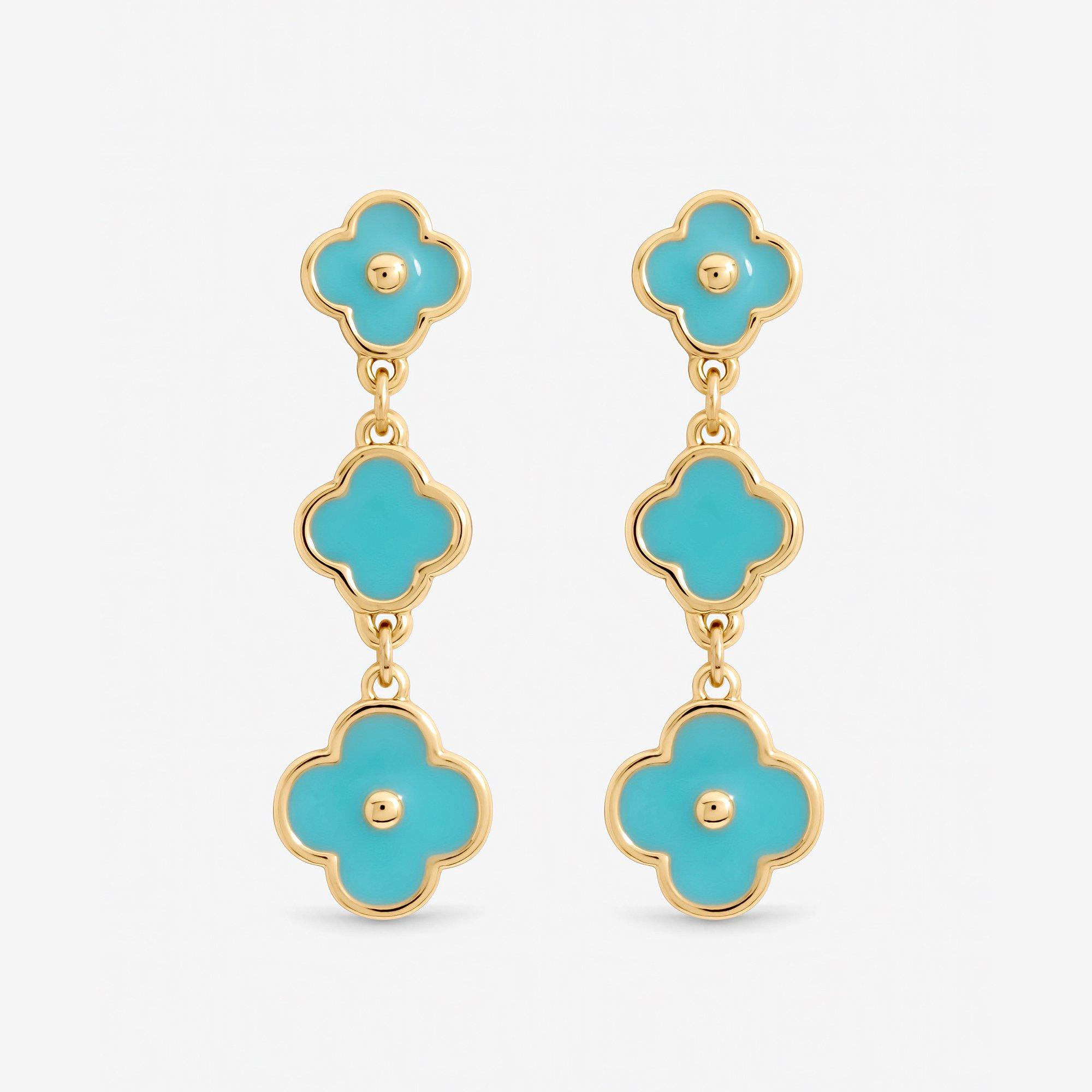 Gold - Mood - Gold Plated and Turquoise Clover Drop Earrings