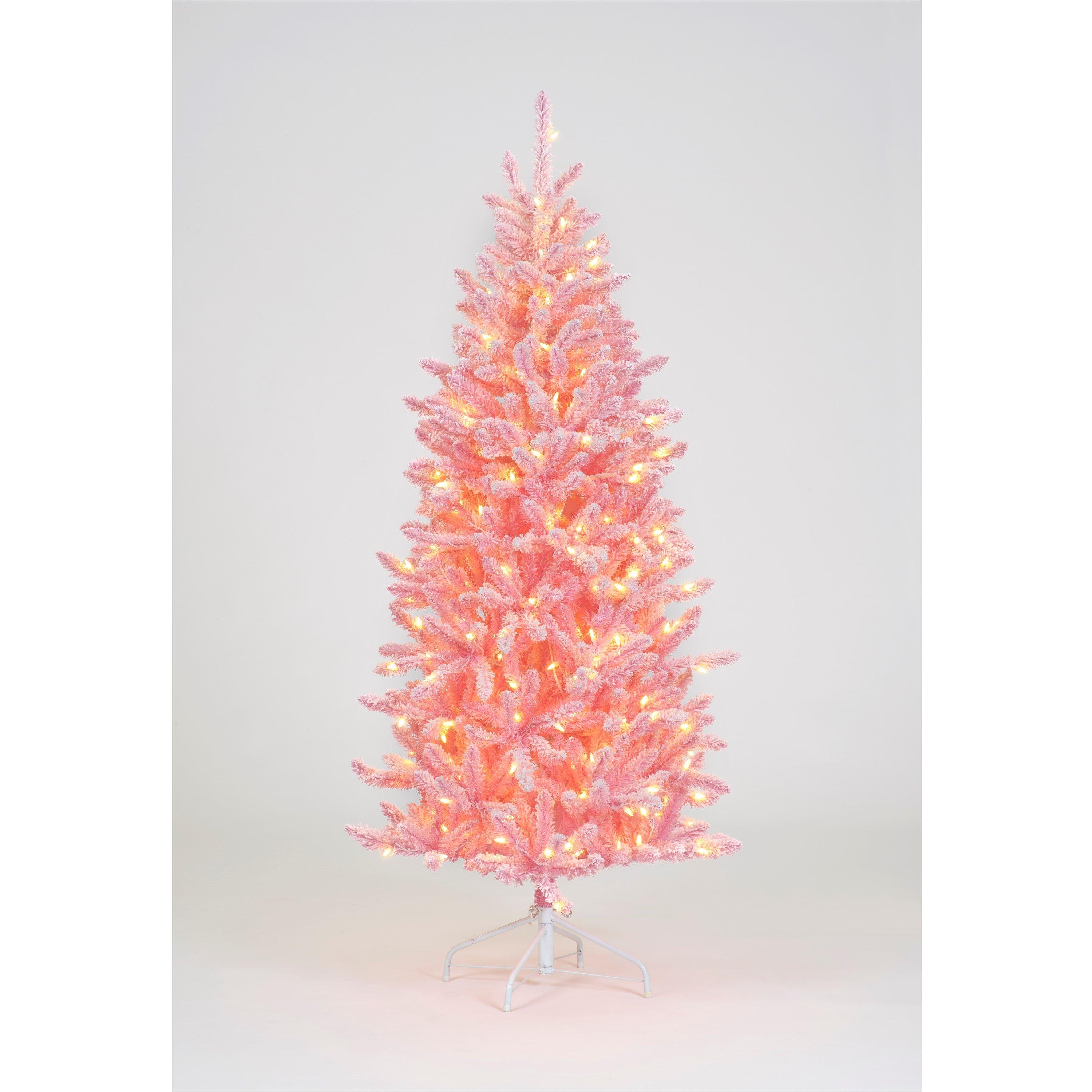 Pink - Snowtime - Pre-Lit Pink Flocked Christmas Tree - 1