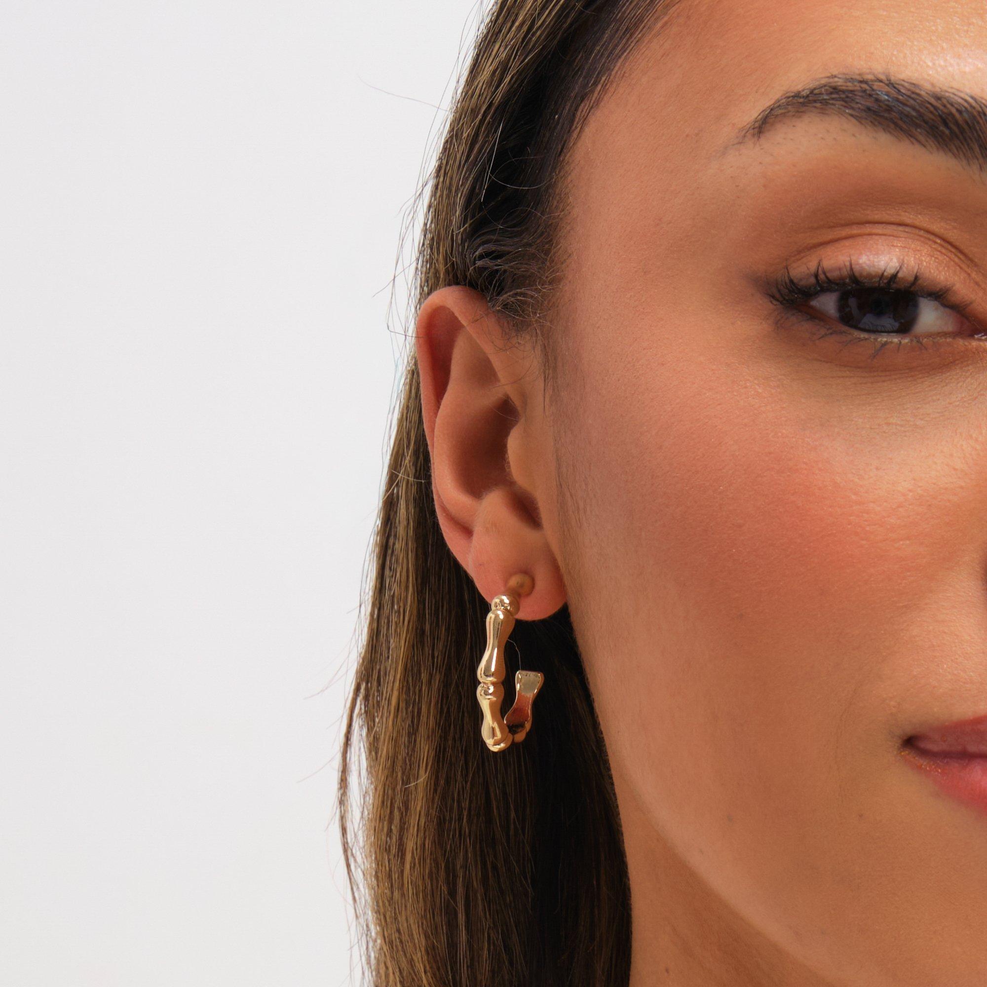 Gold - Mood - Gold Polished Bamboo Hoop Earrings - 2