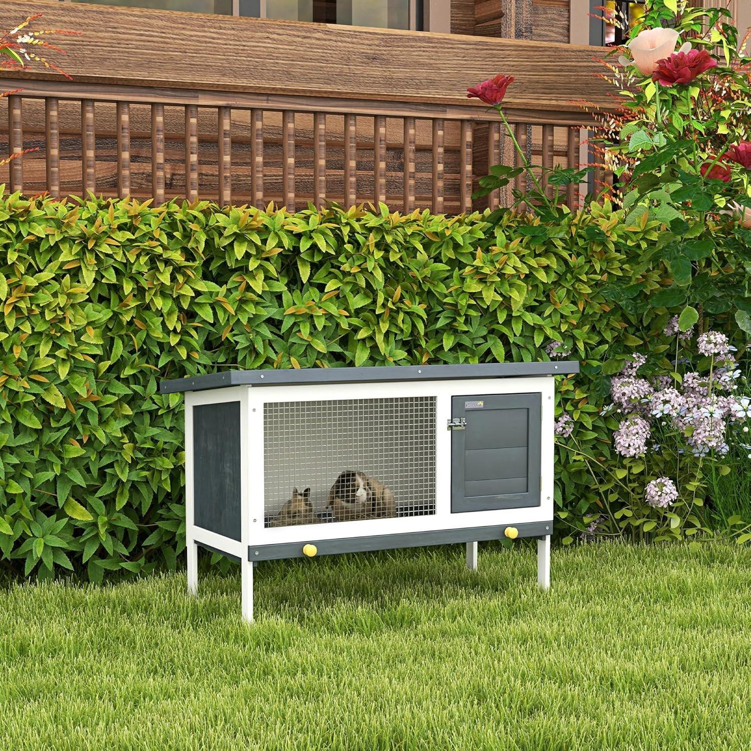 Grey - PawHut - PawHut Wooden Rabbit Hutch - 2